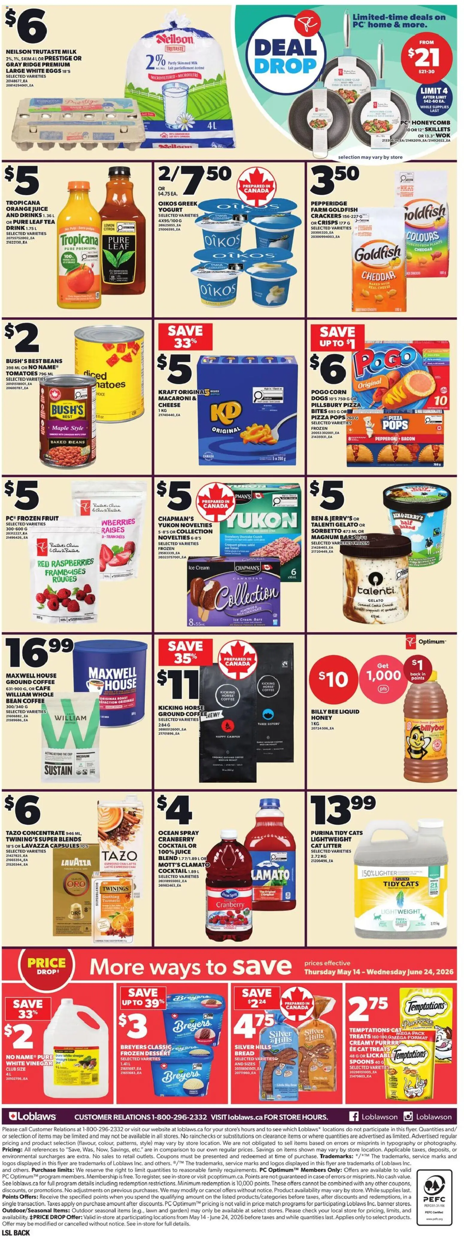 Loblaws flyer valid from 21.05.2026 | Page: 4 | Products: Tea, Milk, Eggs, Juice