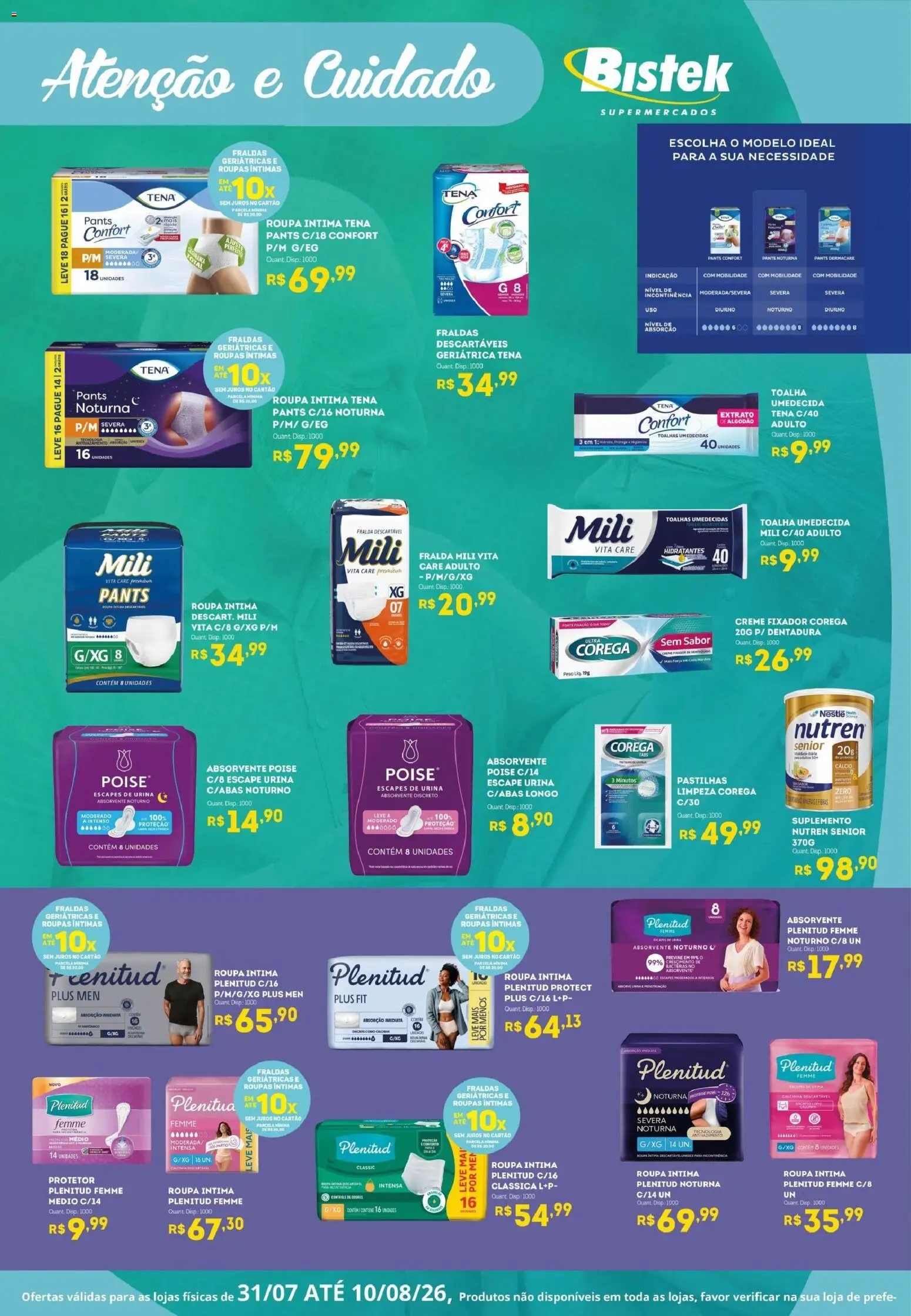 Bistek Supermercados Folheto - válido de 31/07/2026 | Página: 1 | Produtos: Fraldas geriátricas, Roupas íntimas, Creme, Absorvente
