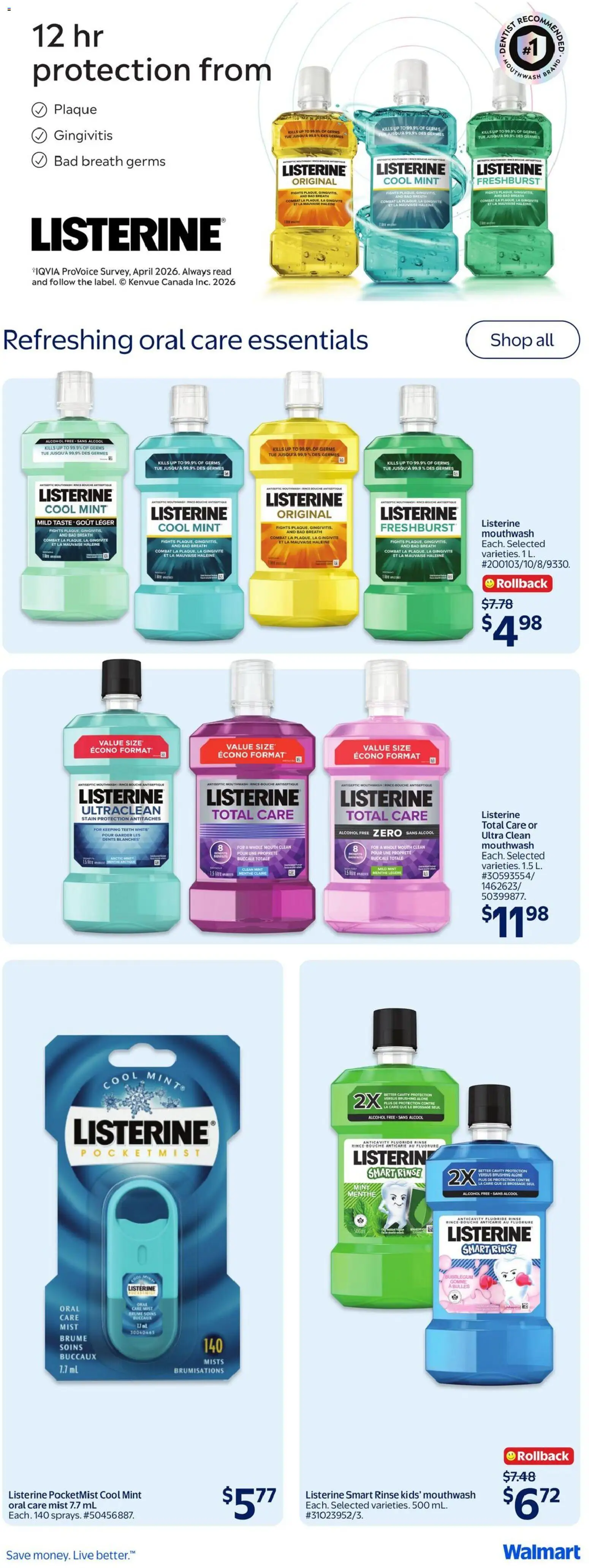Walmart flyer valid from Aug 20, 2026 | Page: 12 | Products: Listerine, Alcohol, Mouthwash