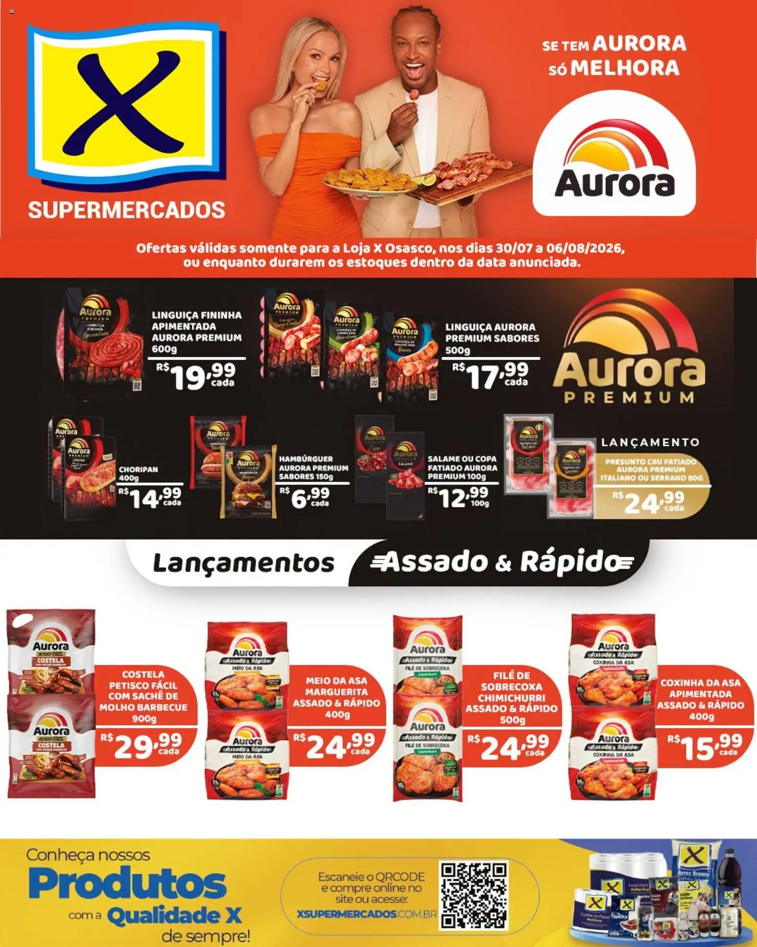 X Supermercados Folheto - válido de 30/07/2026 | Página: 1 | Produtos: Linguiça, Presunto, Presunto cru, Arroz