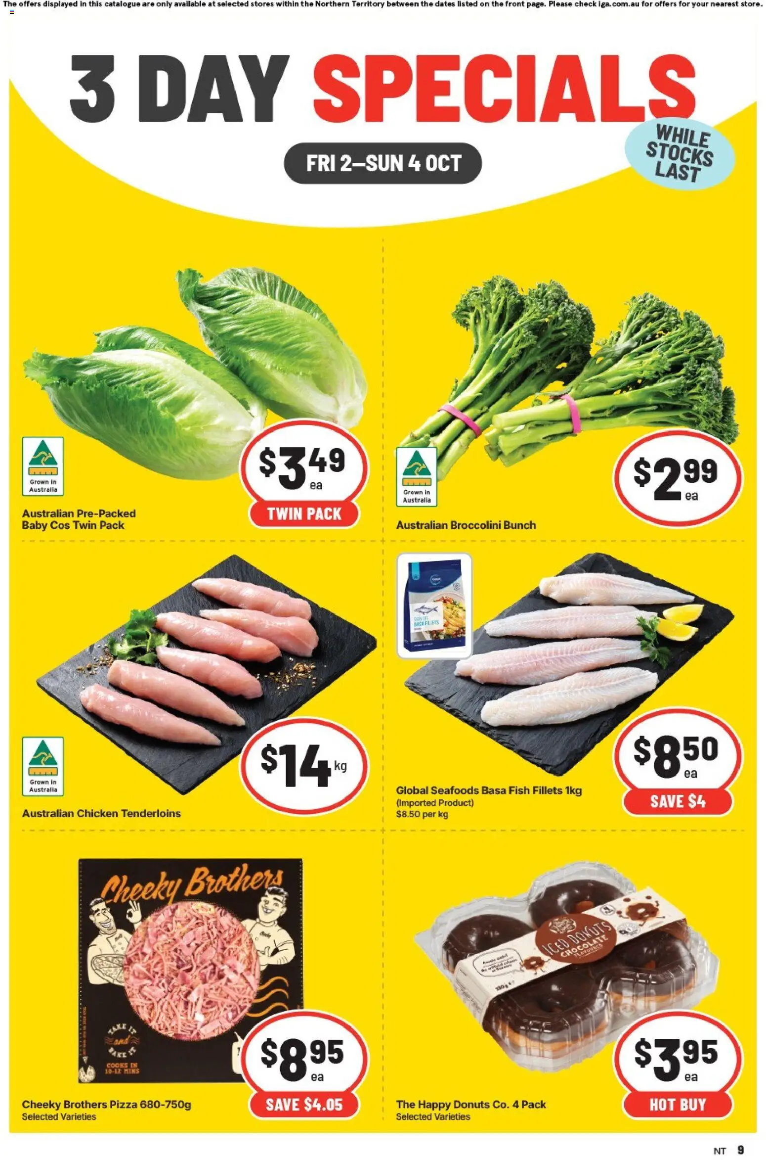 IGA catalogue - valid from 02/10/2026 | Page: 1 | Products: Donuts, Pizza, Chicken, Fish