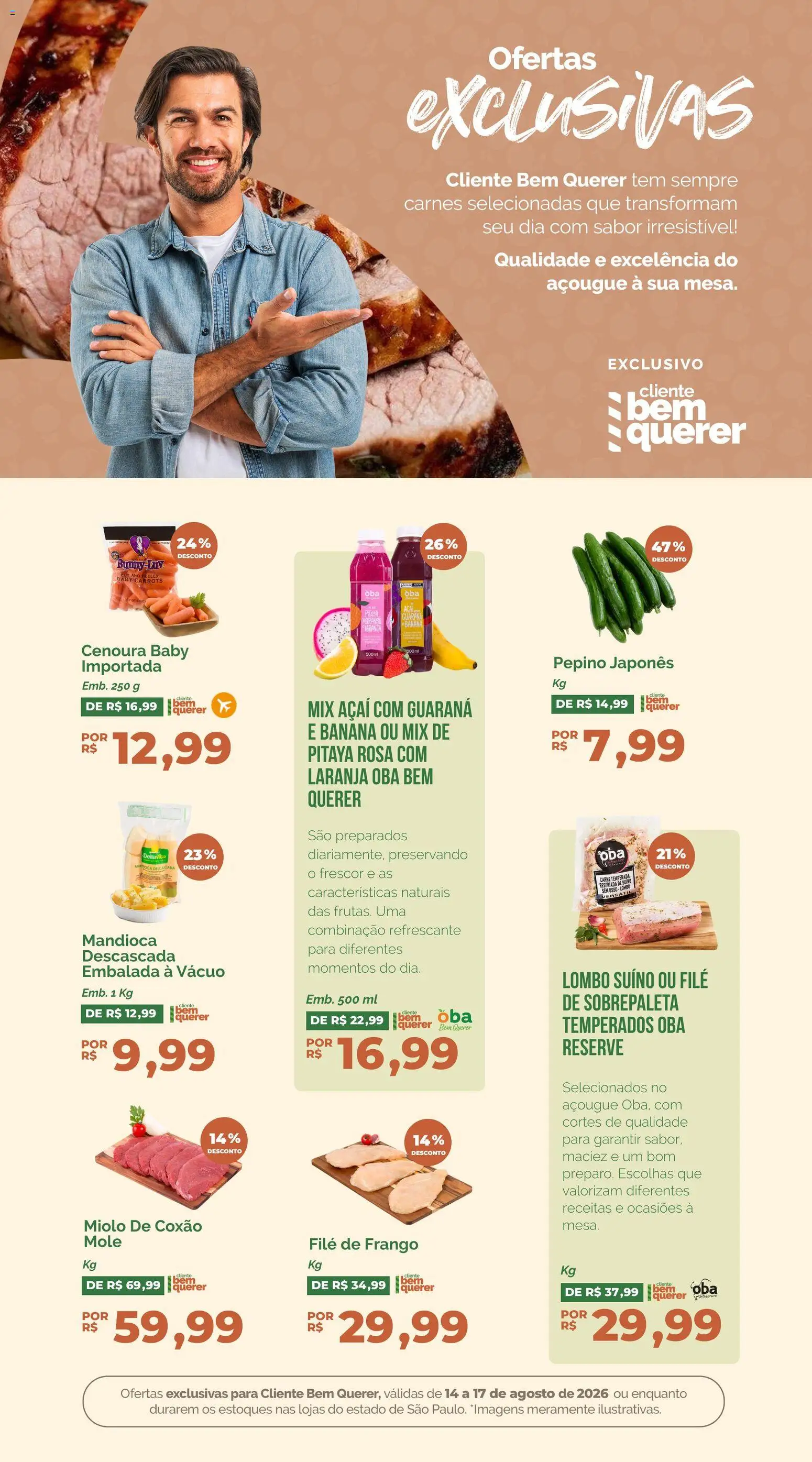 Oba Hortifruti Folheto - válido de 14/08/2026 | Página: 5 | Produtos: Mandioca, Guaraná, Carne, Açaí
