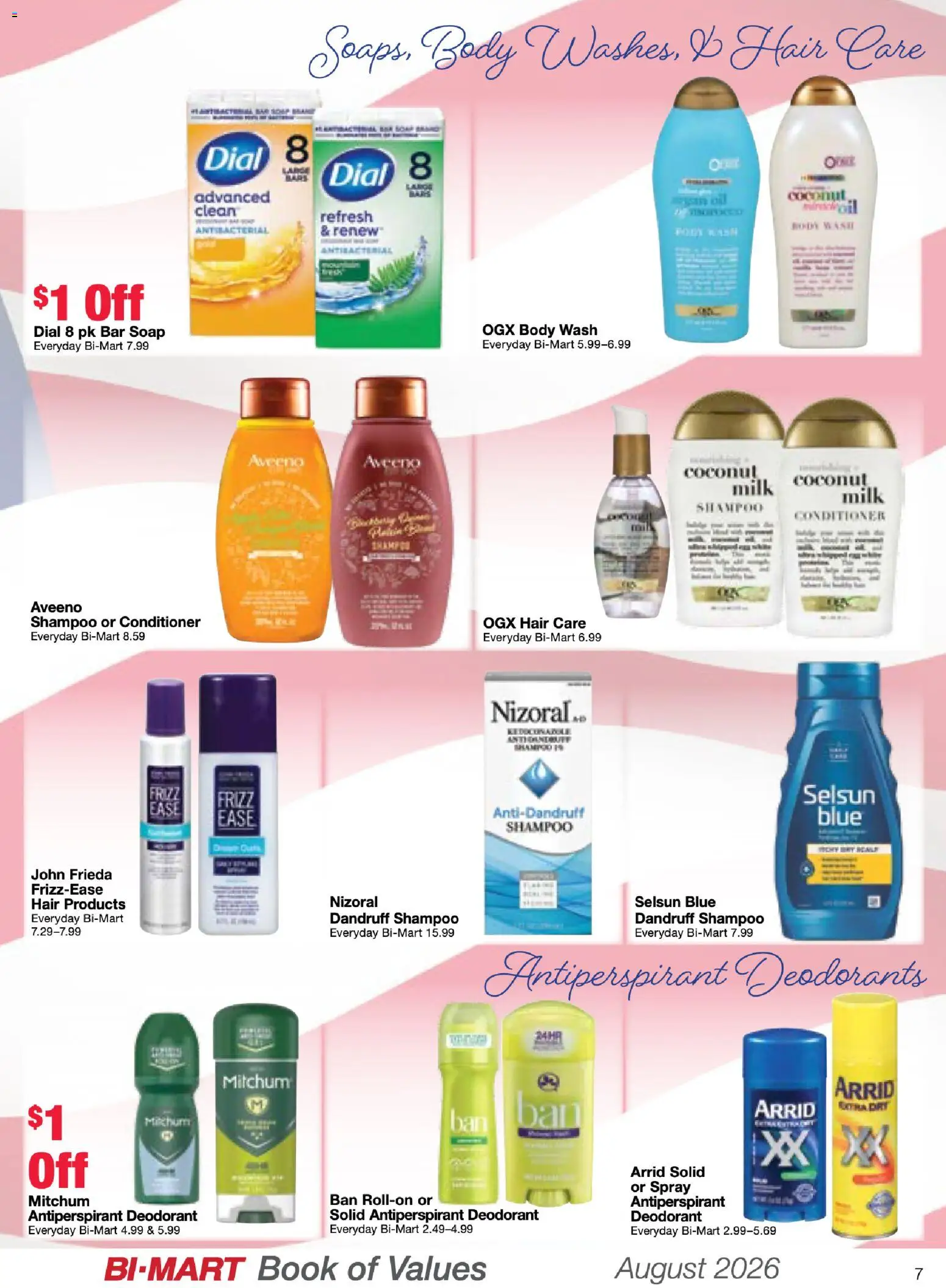 Bi-Mart August Health & Beauty Book of Values - valid from 08/01/2026 | Page: 7 | Products: Conditioner, Milk, Deodorant, Body Wash