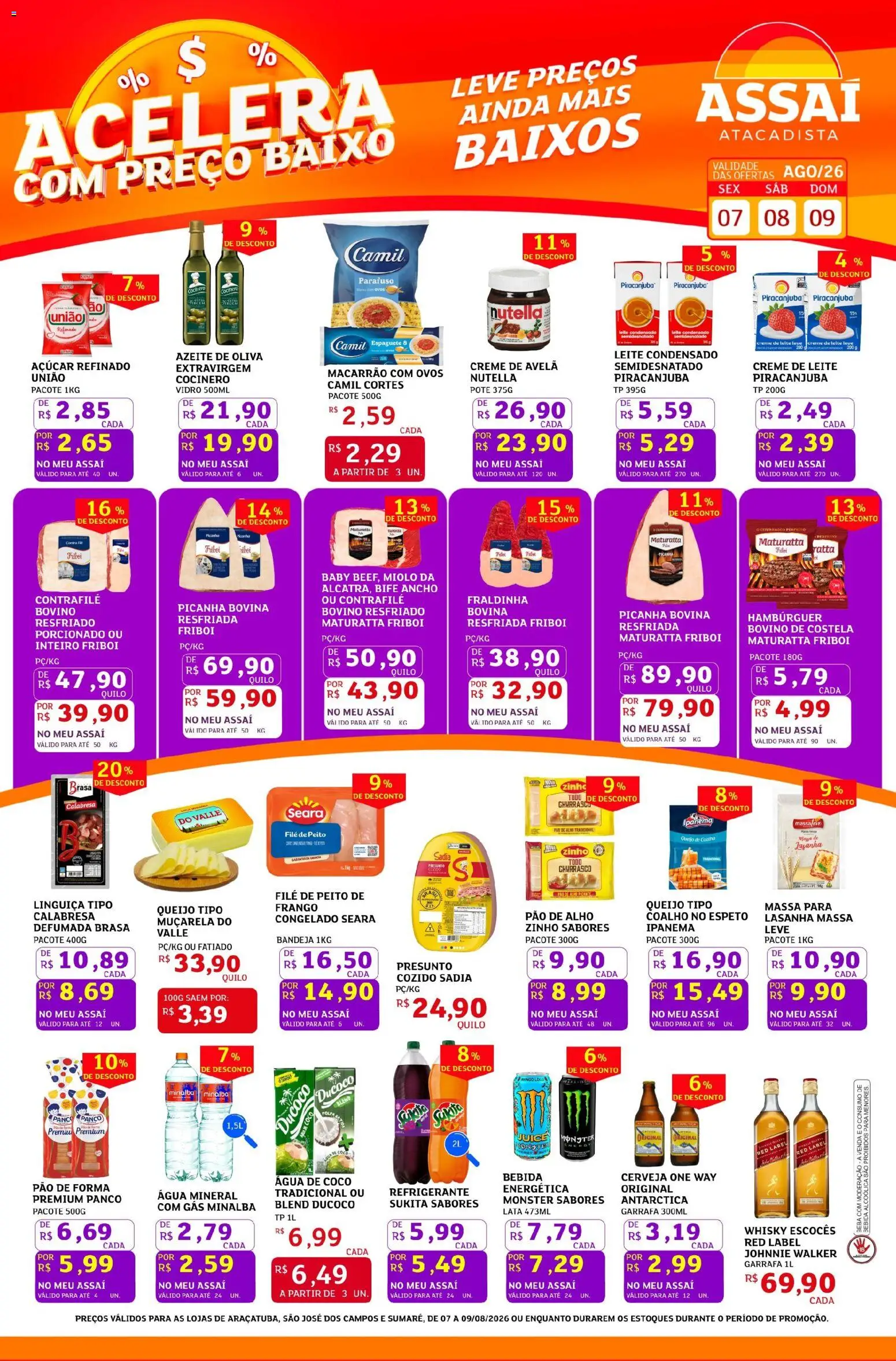 Assaí Atacadista Folheto - válido de 07/08/2026 | Página: 1 | Produtos: Água de coco, Whisky, Linguiça, Monster