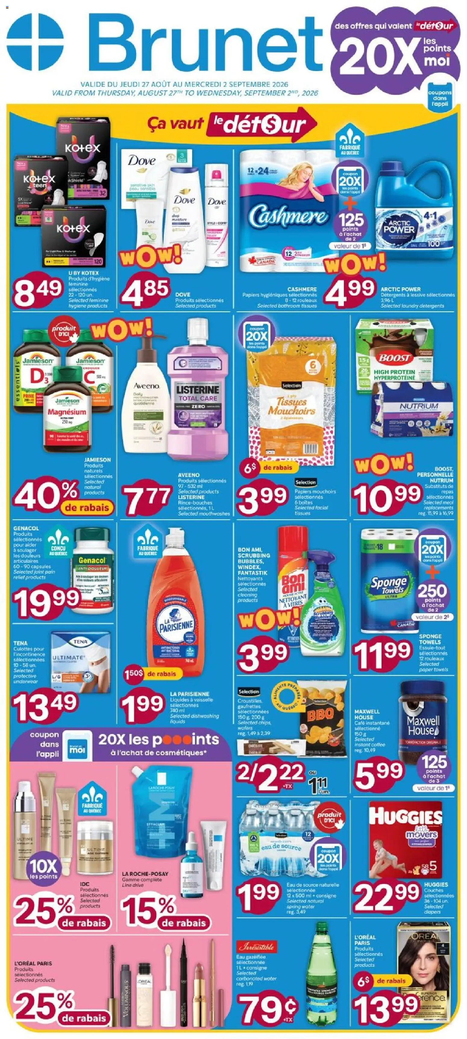 Brunet flyer valid from Aug 27, 2026 | Page: 1 | Products: Water, Listerine, Sponge, Underwear