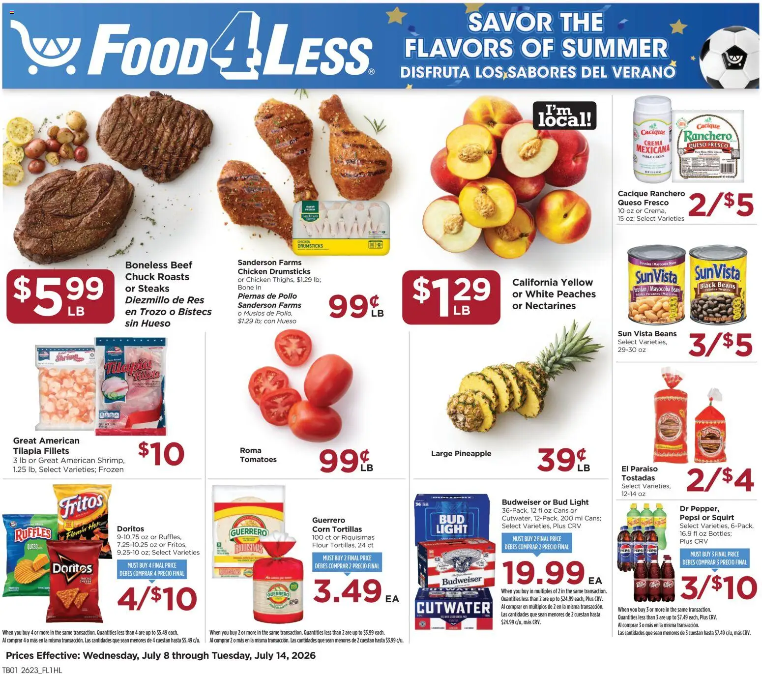 Food 4 Less Weekly Ad - valid from 07/08/2026 | Page: 1 | Products: Peaches, Table, Beef, Pineapple