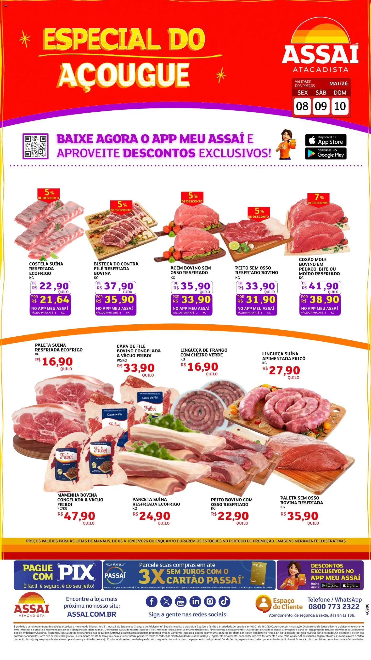 Assaí Atacadista Folheto - válido de 08.05.2026 | Página: 1 | Produtos: Linguiça, Pneus, Base, Piano