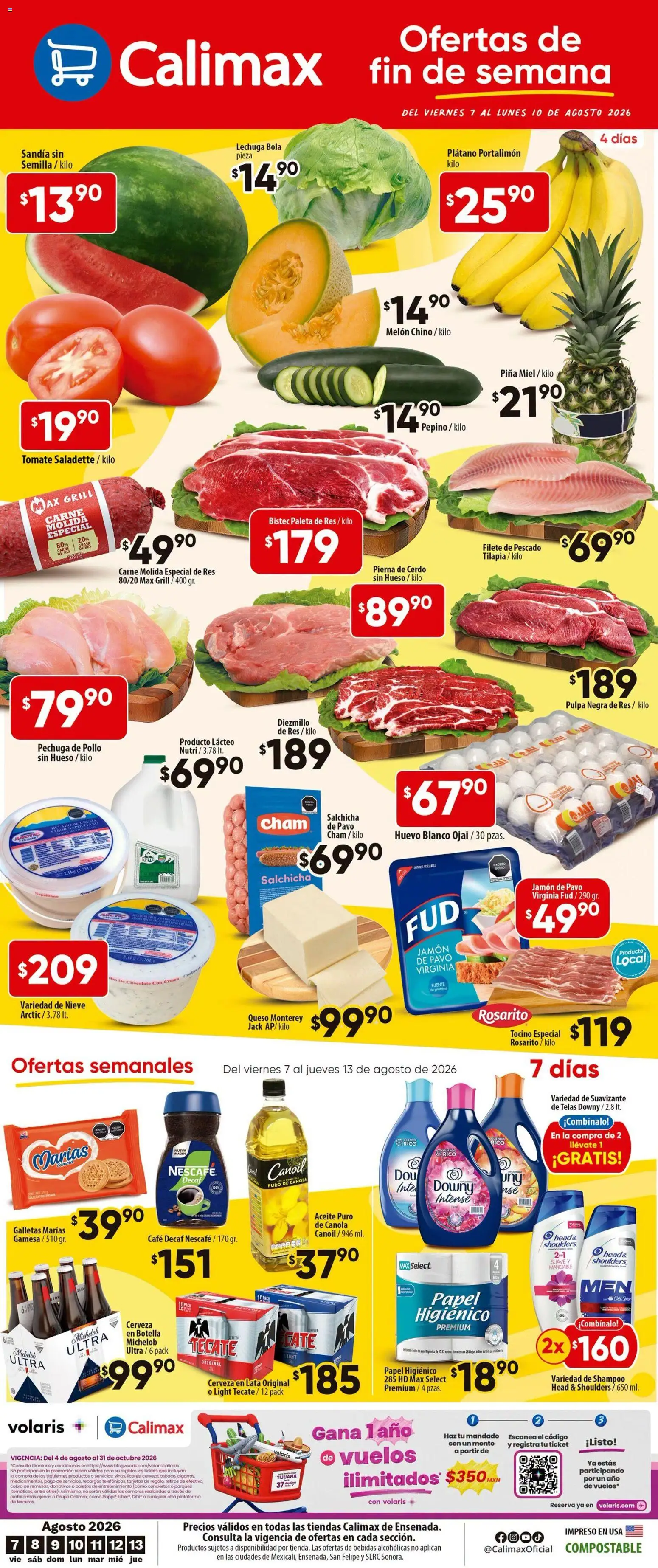 Nuevas ofertas de Calimax válidas en toda la República Mexicana desde el 07/08/2026. ¡Encuentra las mejores ofertas en Calimax folleto Ensenada! | Página: 1 | Productos: Plátano, Fuente, Salchicha, Pierna de cerdo