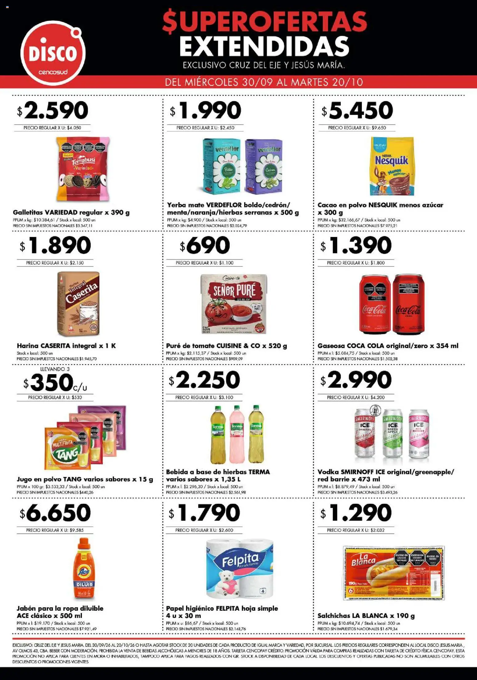 Disco - Superofertas extendidas - Cruz del Eje y Jesus Maria │ válido desde el 30/09/2026 | Página: 1 | Productos: Bebidas, Polvo, Ropa, Pure de Tomate