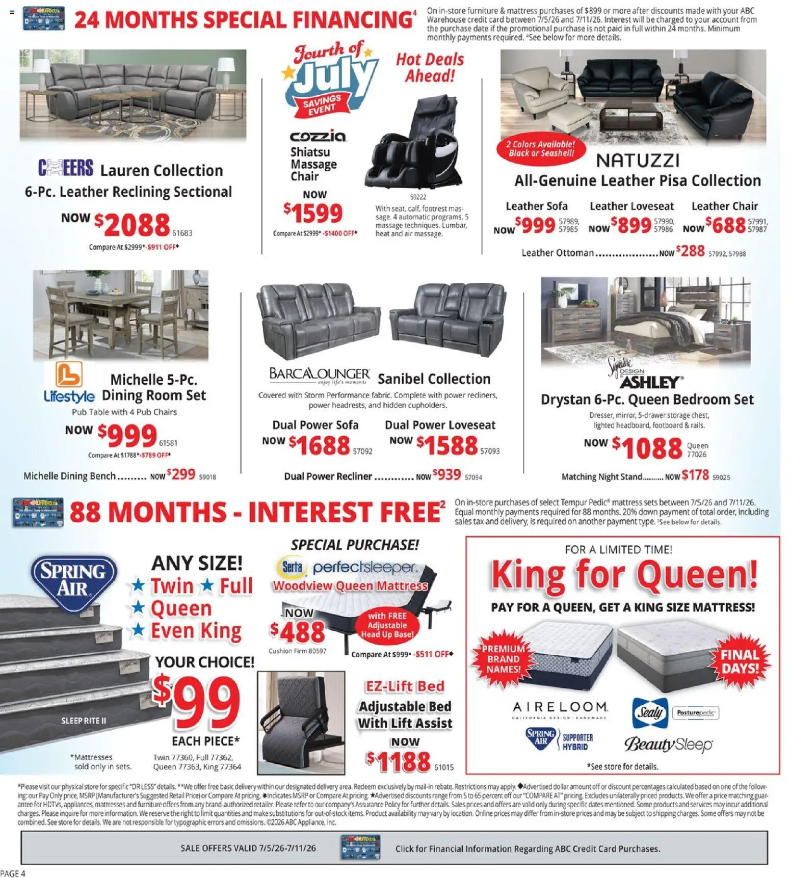 ABC Warehouse Weekly Ad - valid from 07/05/2026 | Page: 4 | Products: Mattress, Bedroom set, Sofa, Recliner