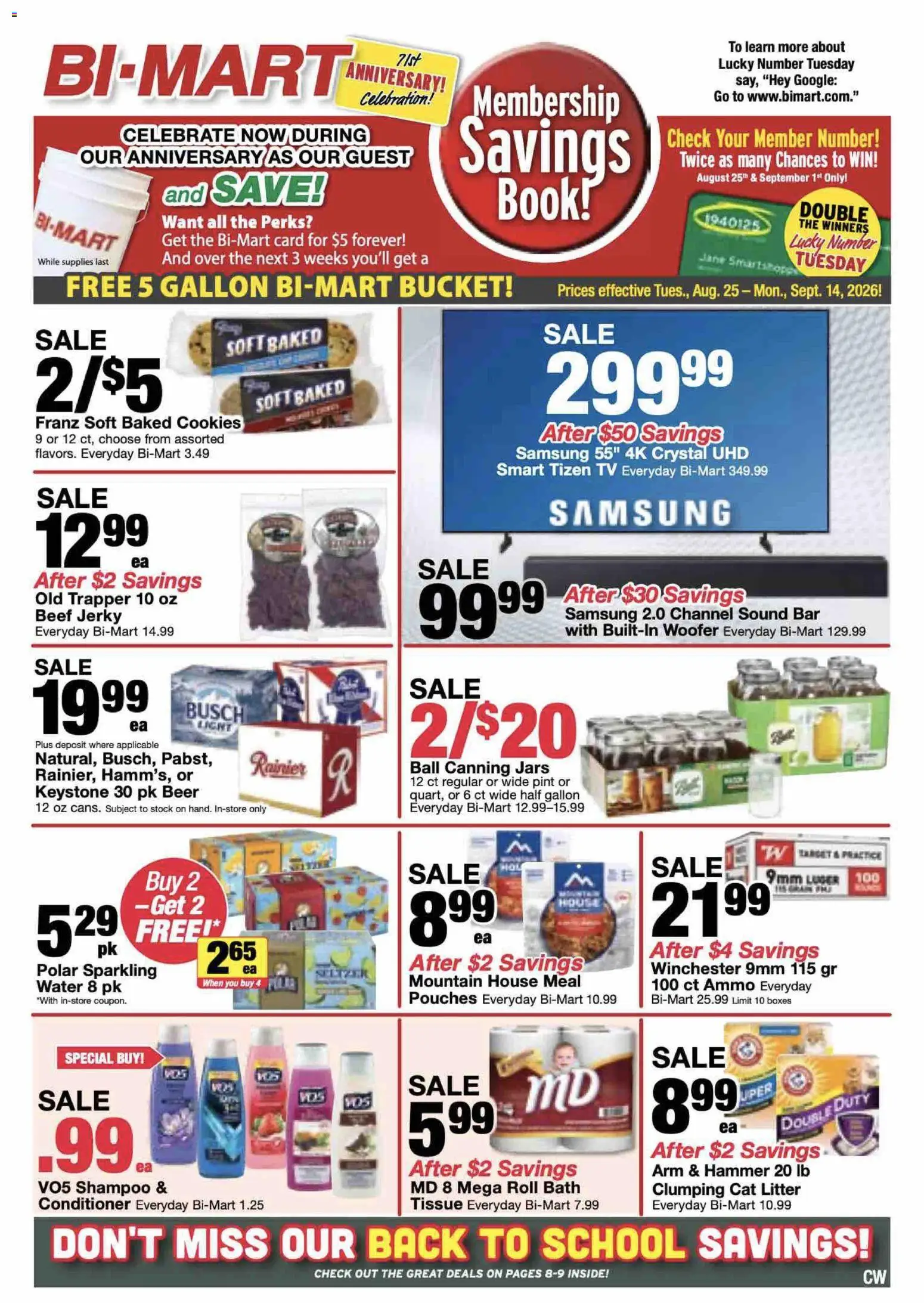 Bi-Mart Membership Saving Book - valid from 08/25/2026 | Page: 1 | Products: Shampoo, Hammer, Beer, Ammo
