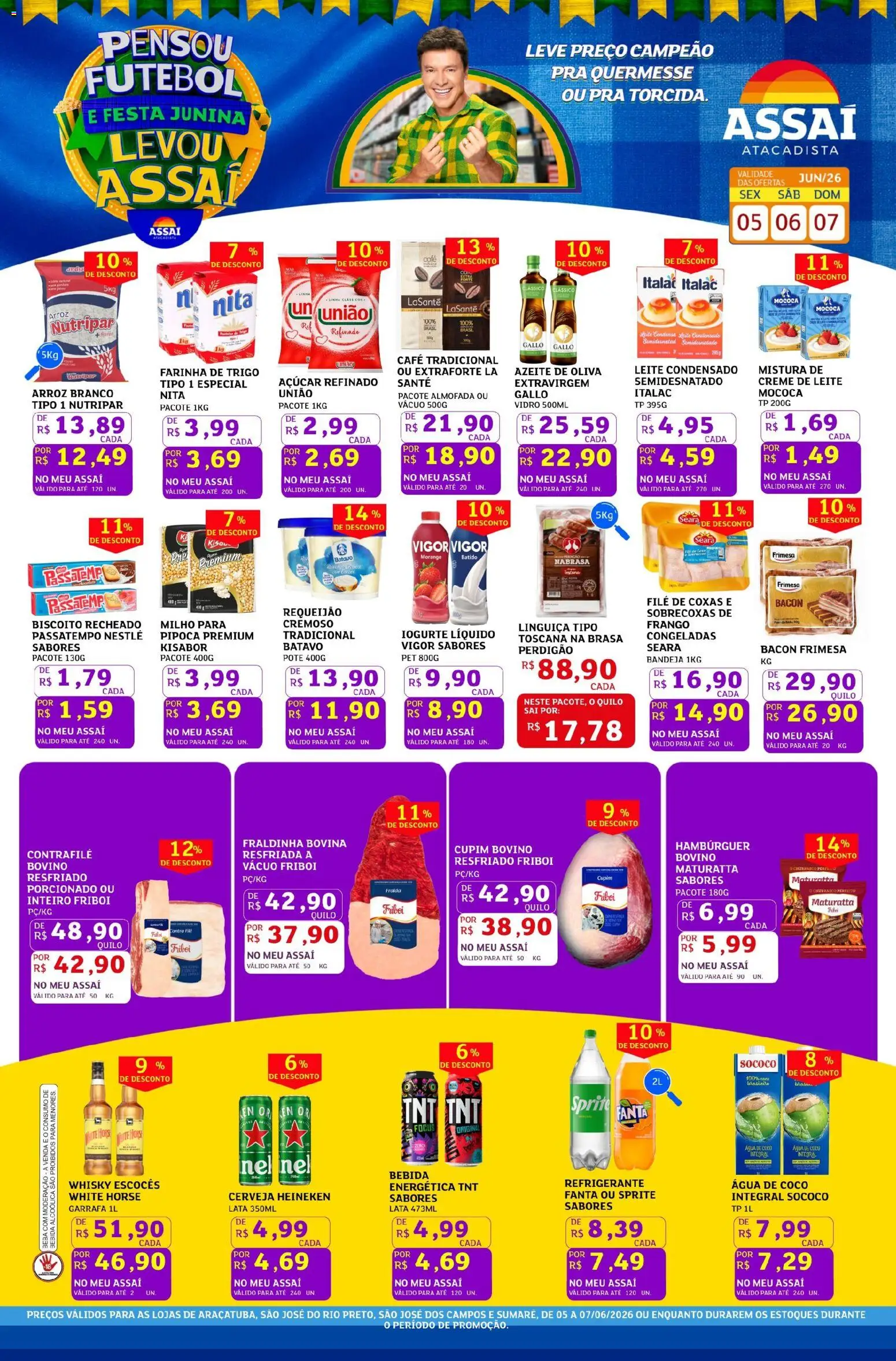 Assaí Atacadista Folheto - válido de 05.06.2026 | Página: 1 | Produtos: Linguiça, Fraldinha, Cerveja, Requeijão