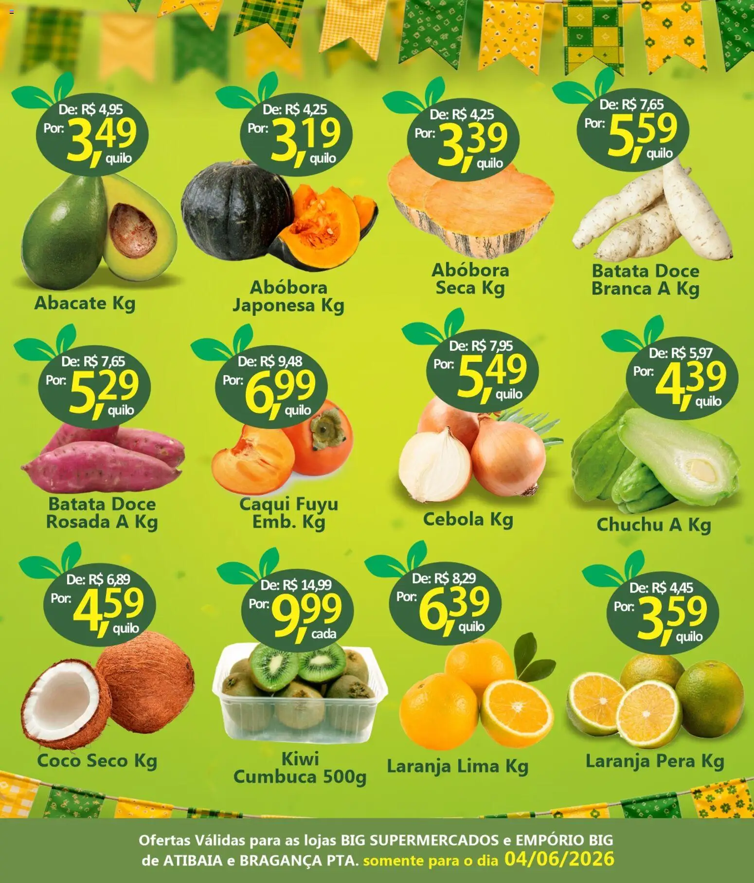 Big Supermercados Folheto - válido de 04.06.2026 | Página: 2 | Produtos: Chuchu, Abóbora, Cebola, Kiwi