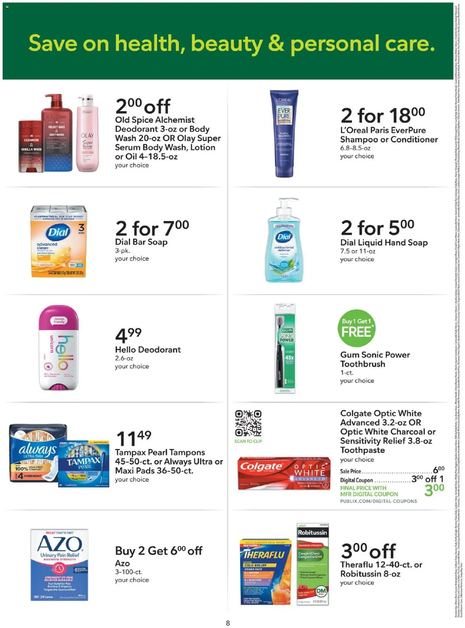 Publix Extra Savings - valid from 08/12/2026 | Page: 8 | Products: Charcoal, Soap, Toothpaste, Toothbrush