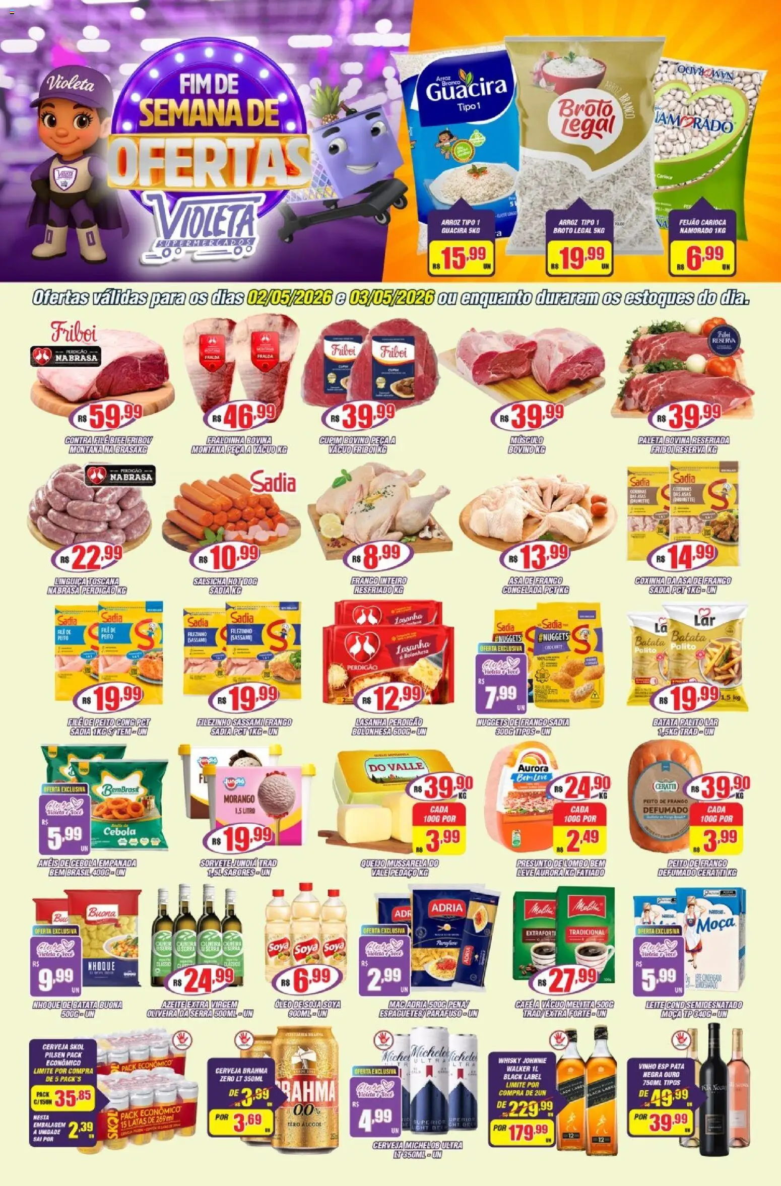 Violeta Supermercados Folheto - válido de 02.05.2026 | Página: 1 | Produtos: Contra filé, Lasanha, Frango, Mussarela