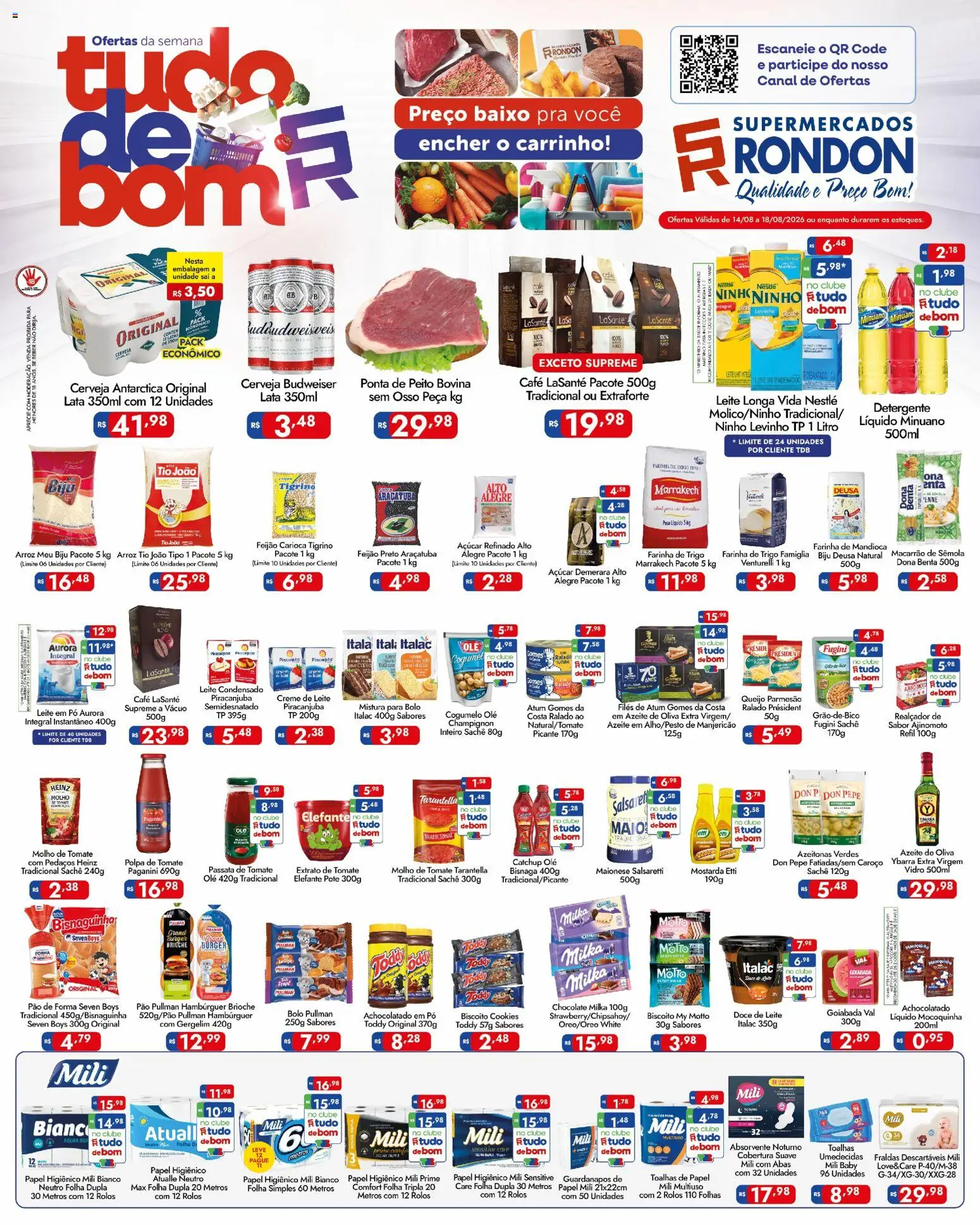 Supermercados Rondon Folheto - válido de 14/08/2026 | Página: 1 | Produtos: Leite longa vida, Mandioca, Pão, Doce de leite