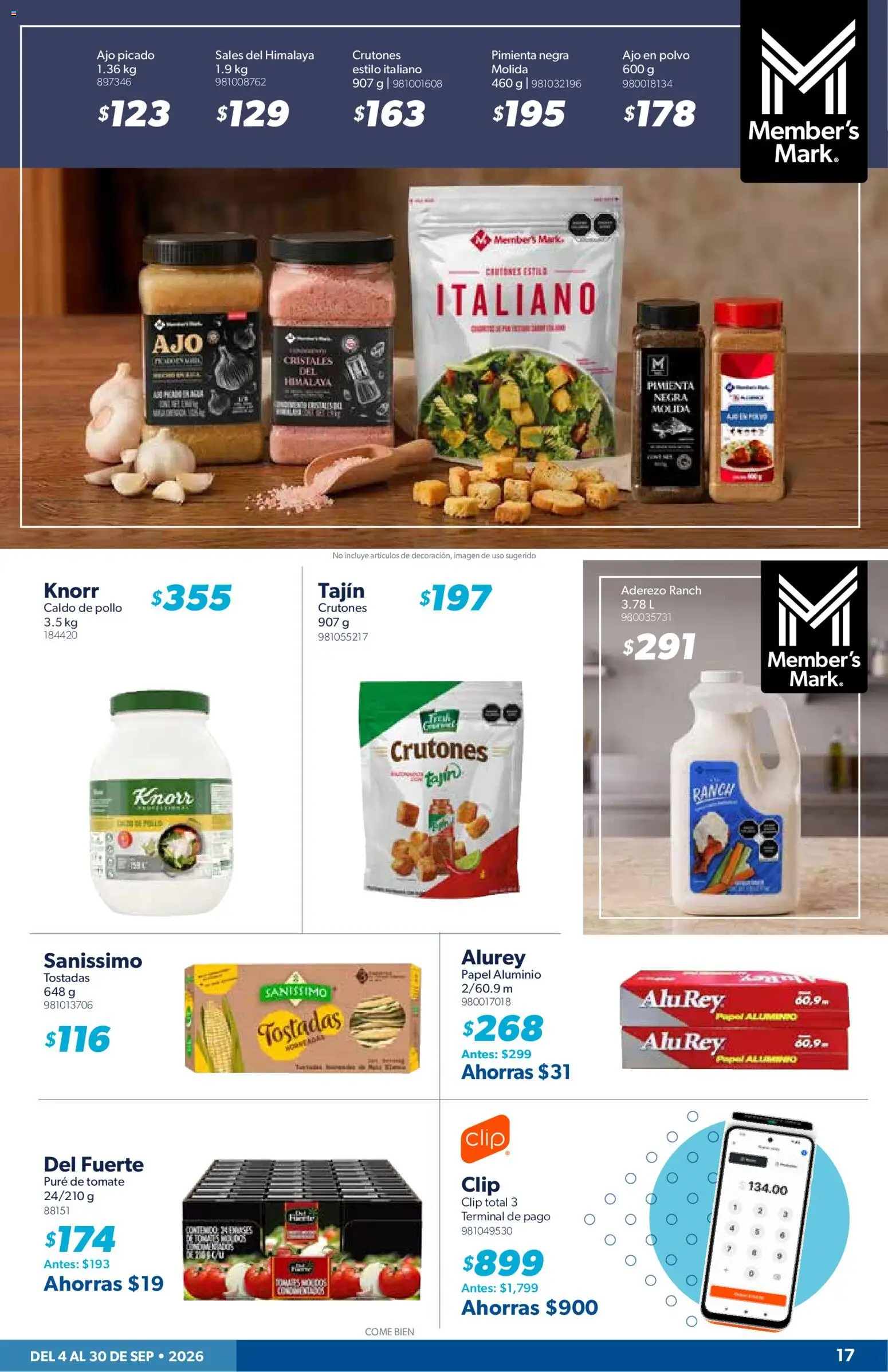 Nuevas ofertas de Sam's Club válidas en toda la República Mexicana desde el 04/09/2026. ¡Encuentra las mejores ofertas en Sam's Club catálogo! | Página: 17 | Productos: Aderezo, Pure de Tomate, Sales, Papel aluminio