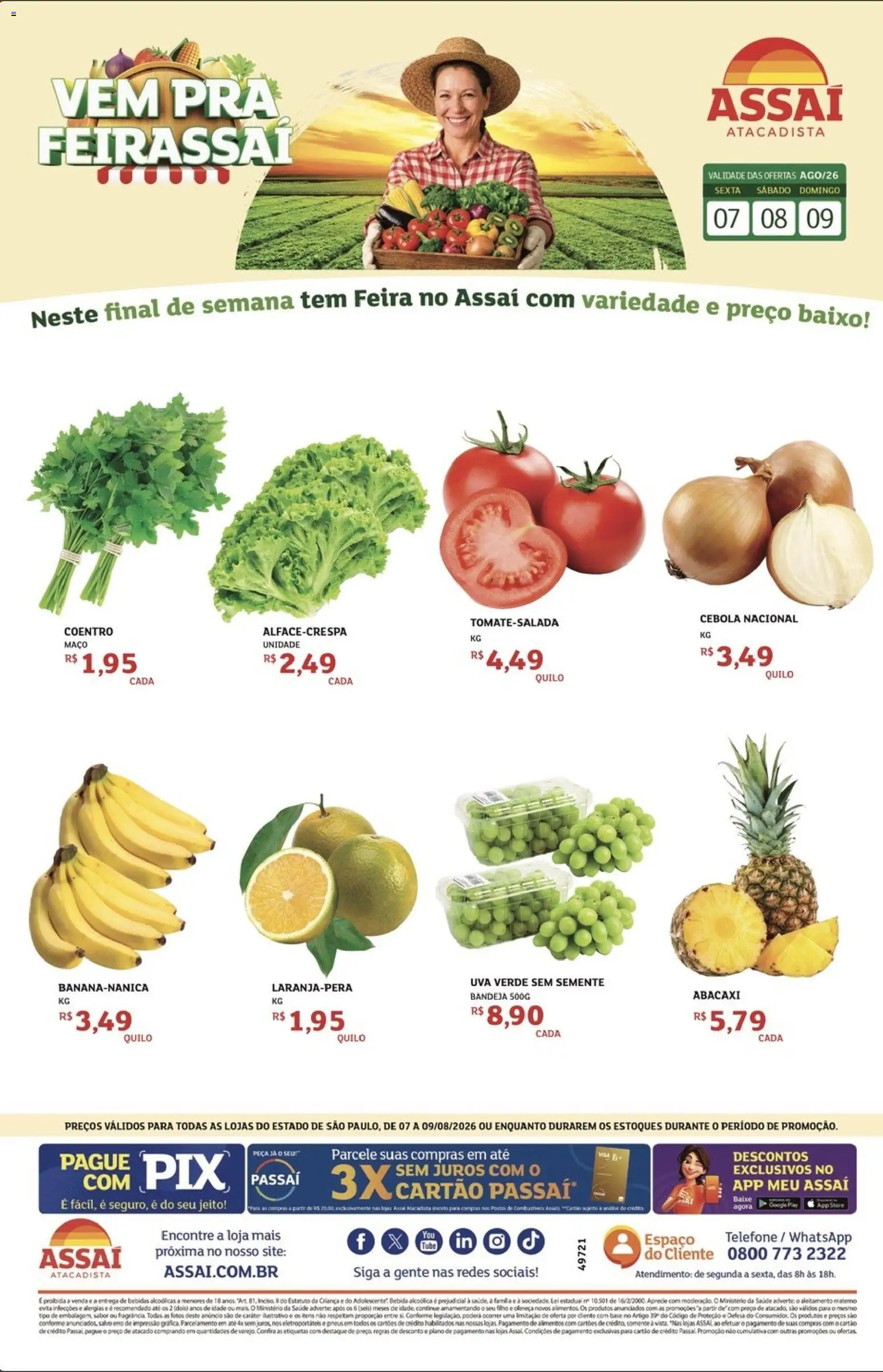 Assaí Atacadista Folheto - válido de 07/08/2026 | Página: 1 | Produtos: Base, Alimentos, Abacaxi, Telefone