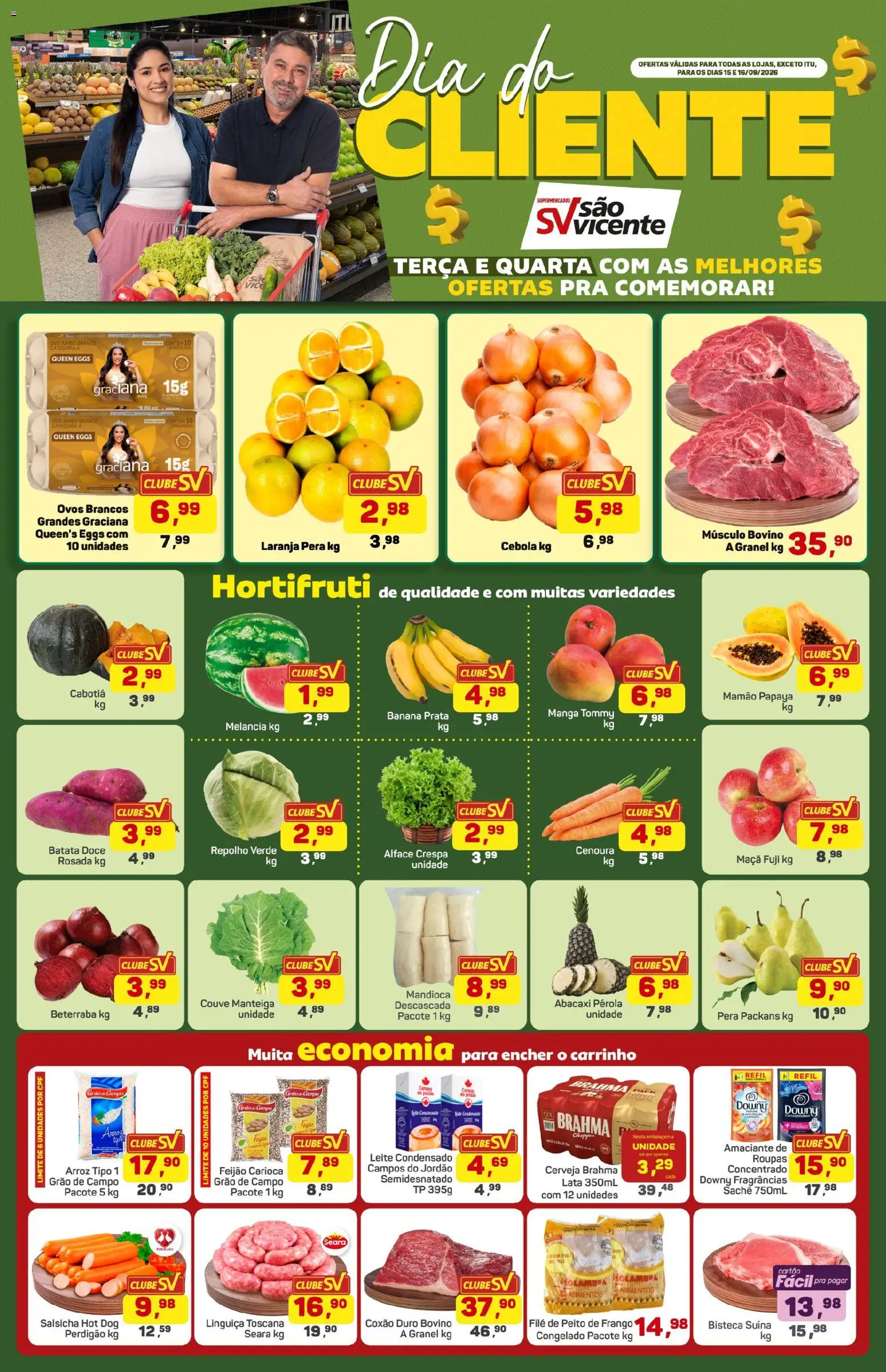 Supermercados São Vicente Folheto - válido de 15/09/2026 | Página: 1 | Produtos: Pera, Linguiça, Manga, Amaciante