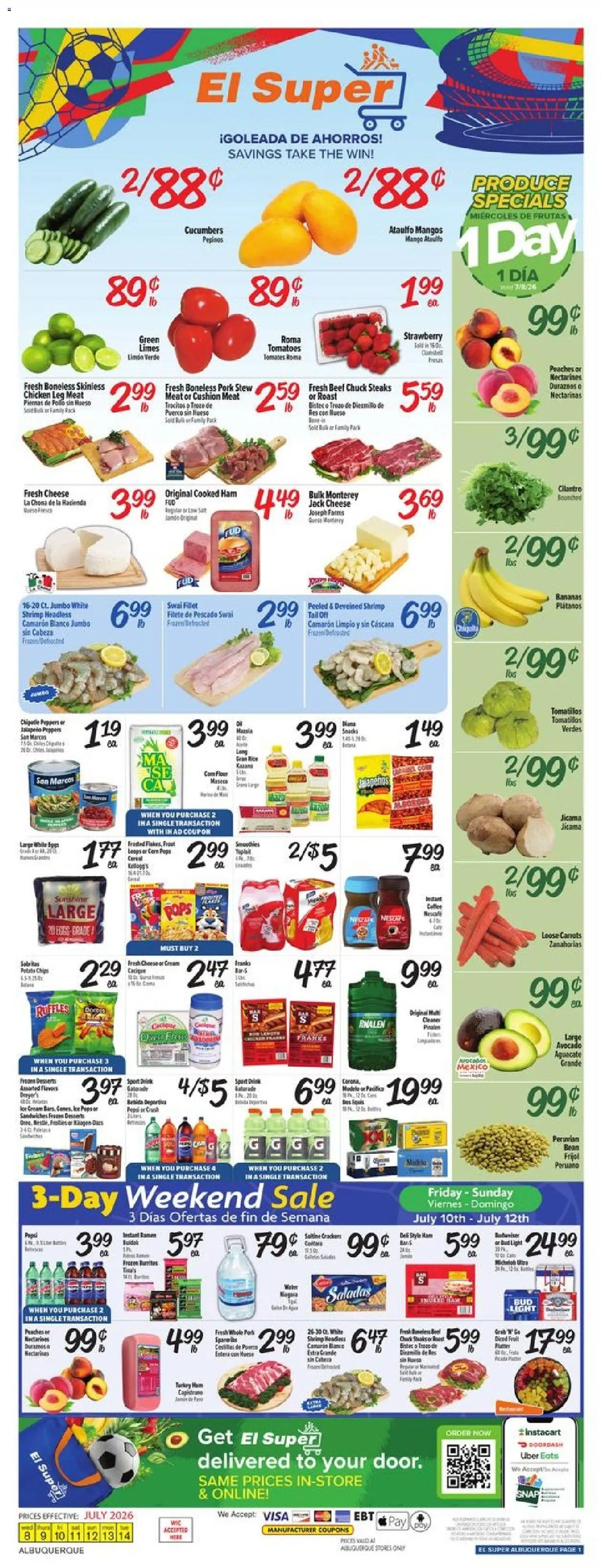 El Super Weekly Ad - NM - valid from 07/08/2026 | Page: 1 | Products: Cheese, Eggs, Pork, Tomatoes
