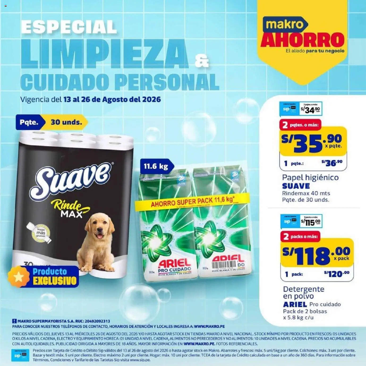 Catálogo Makro válido desde 13/08/2026 | Página: 1 | Productos: Papel higiénico, Detergente, Ropa, Detergente en polvo