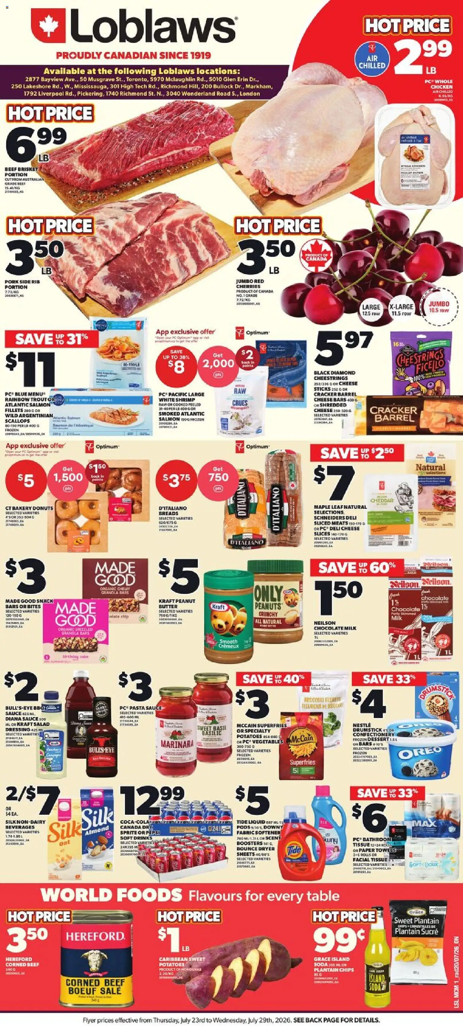 Loblaws flyer valid from Jul 23, 2026 | Page: 1 | Products: PC, Potatoes, Cheese, Chocolate
