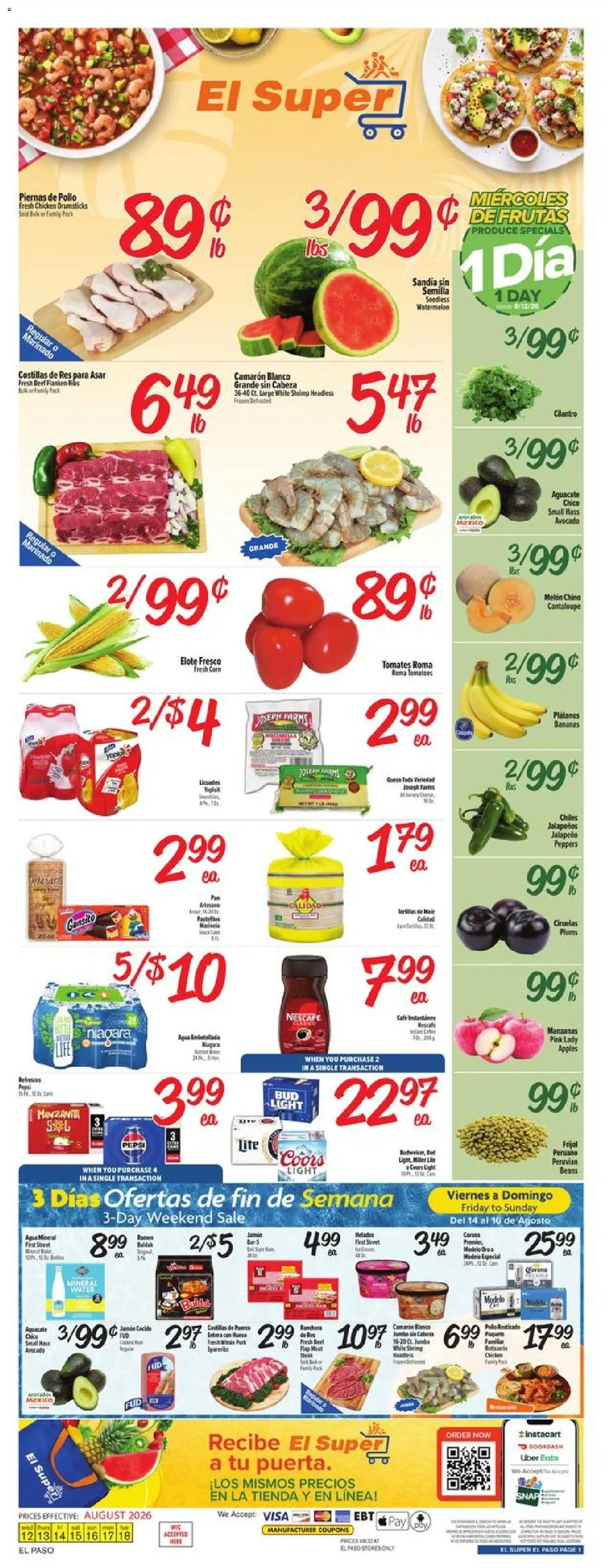 El Super Weekly Ad - TX - valid from 08/12/2026 | Page: 1 | Products: Shrimp, Chicken drumsticks, Beef, Drumsticks