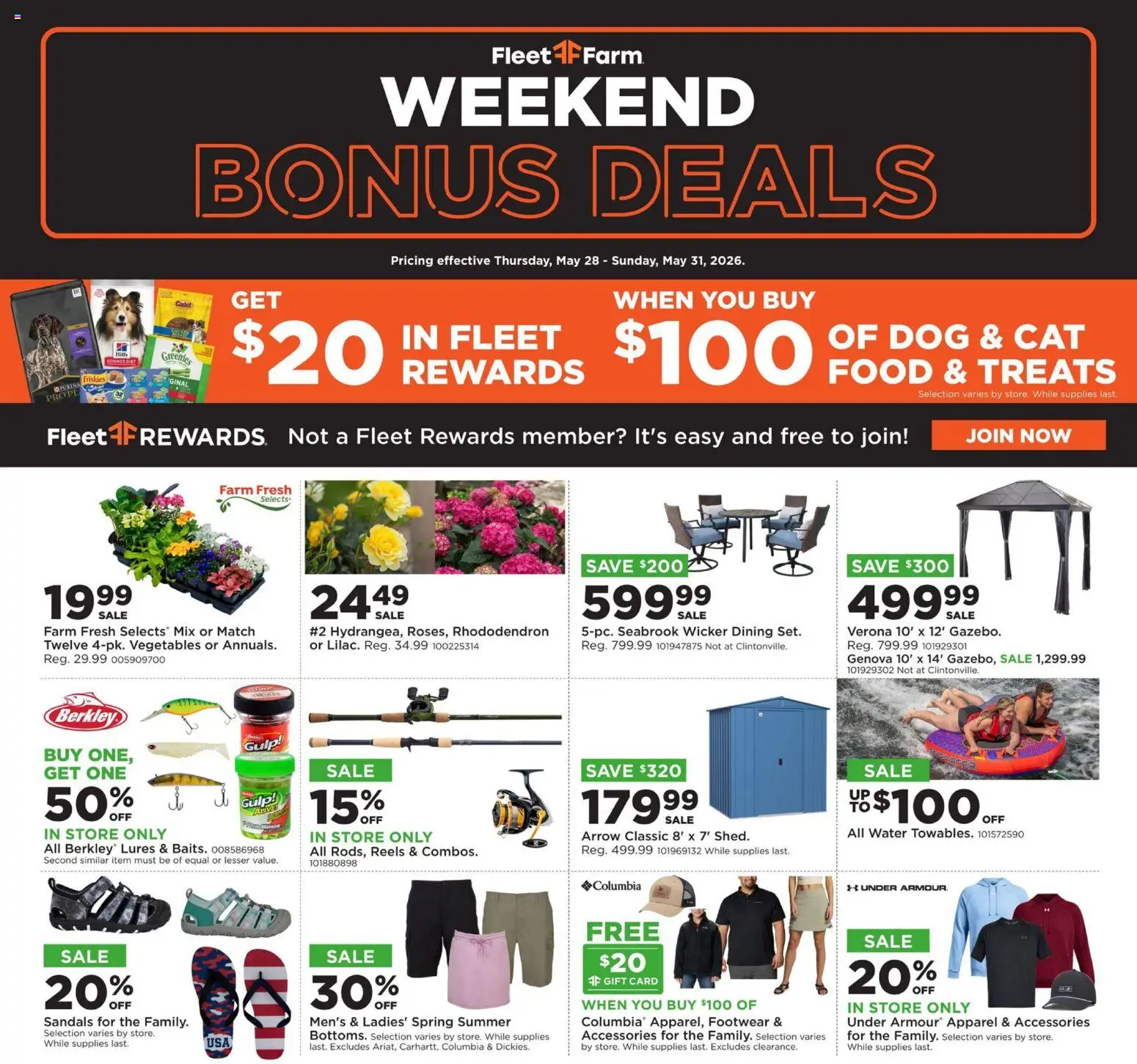 Mills Fleet Farm Weekend Ad - valid from 28.05.2026 | Page: 1 | Products: Arrow, Water, Vegetables, Sandals