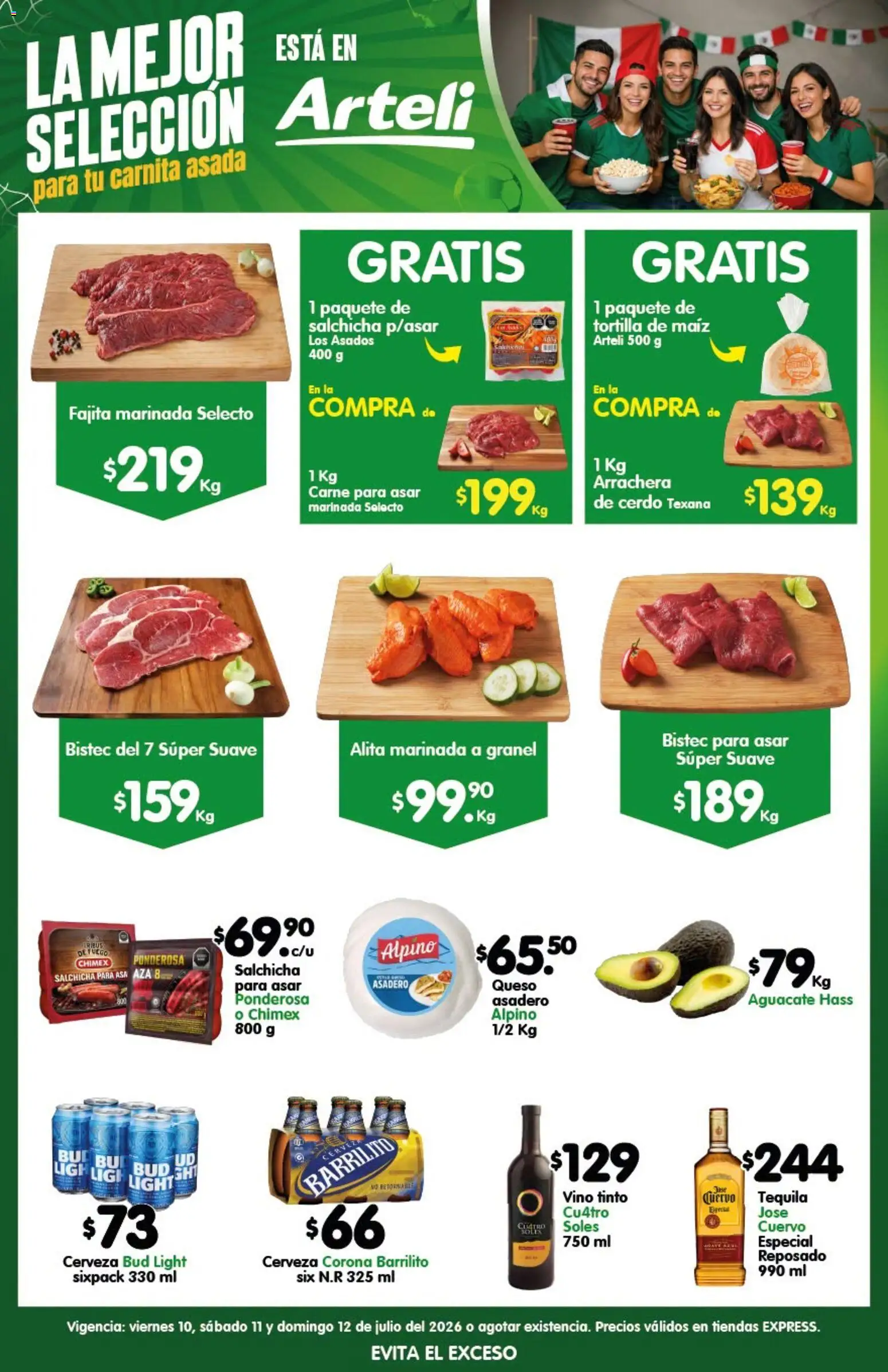 Nuevas ofertas de Arteli válidas en toda la República Mexicana desde el 10/07/2026. ¡Encuentra las mejores ofertas en Arteli folleto Carne Express! | Página: 1 | Productos: Salchicha, Queso, Cerdo, Tequila