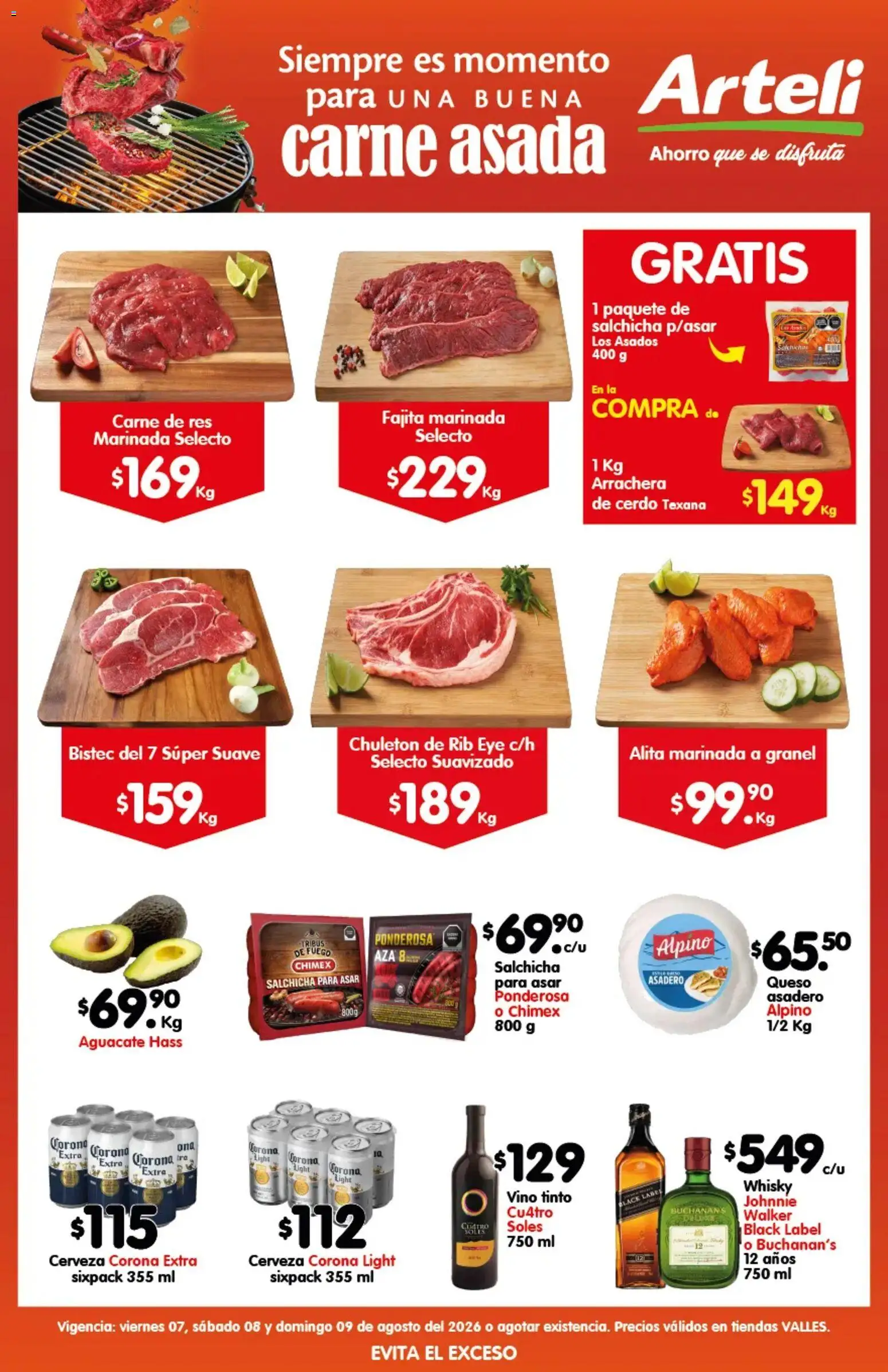 Nuevas ofertas de Arteli válidas en toda la República Mexicana desde el 07/08/2026. ¡Encuentra las mejores ofertas en Arteli folleto Carnita Asada Valles! | Página: 1 | Productos: Bistec, Salchicha, Aguacate, Corona Extra