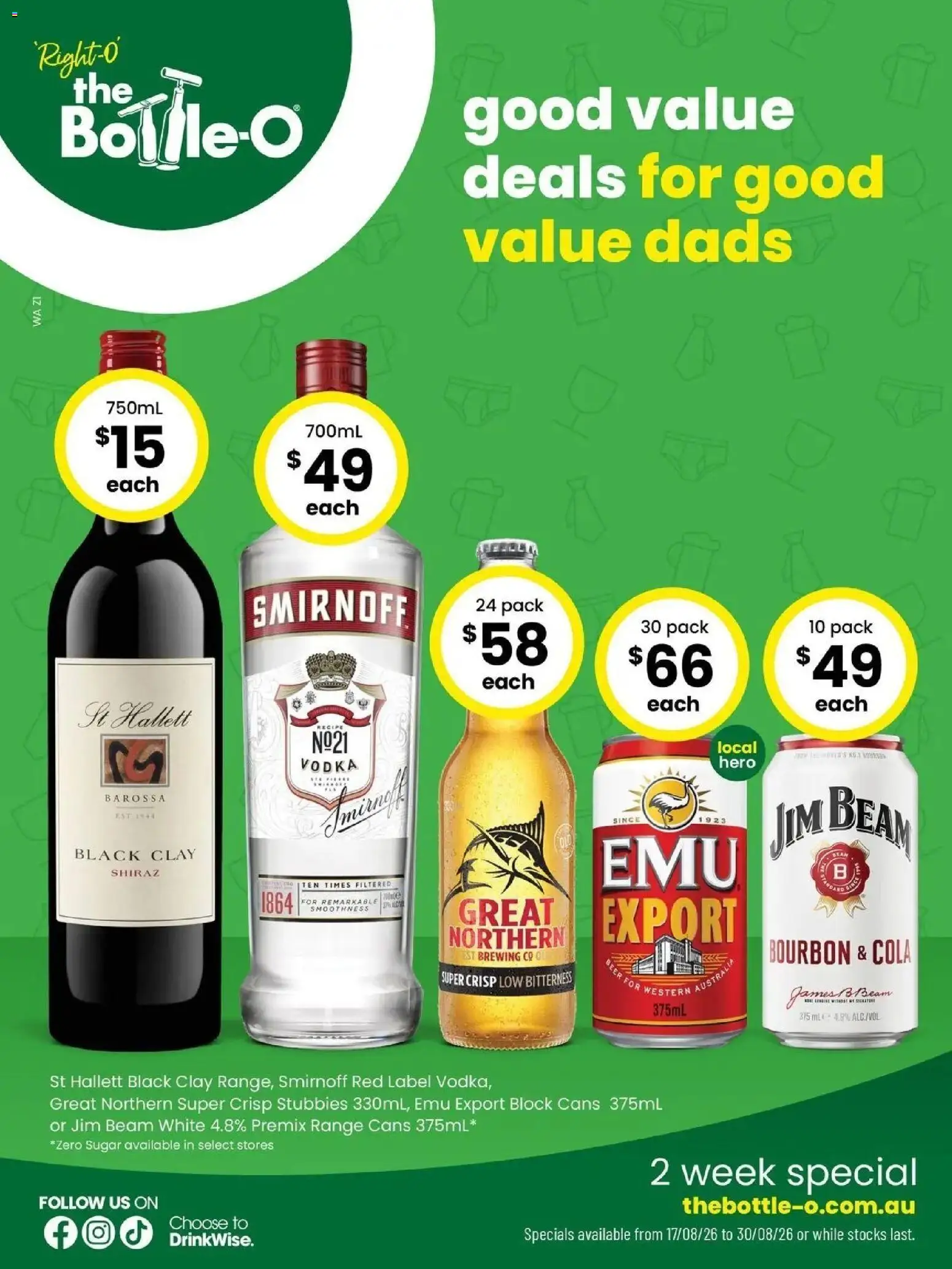 The Bottle-O - Good Value Booze, For Good Value Dads. 17/08 - 17/08/2026 > weekly / monthly specials | Page: 1 | Products: Bourbon, Vodka, Sugar, Clay
