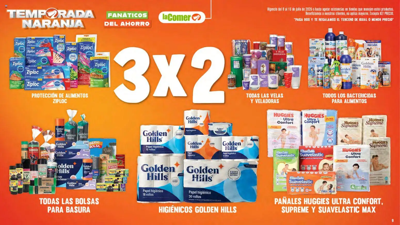 Nuevas ofertas de La Comer válidas en toda la República Mexicana desde el 08/07/2026. ¡Encuentra las mejores ofertas en La Comer folleto! | Página: 9 | Productos: Bolsa, Pañales, Papel higiénico, Té