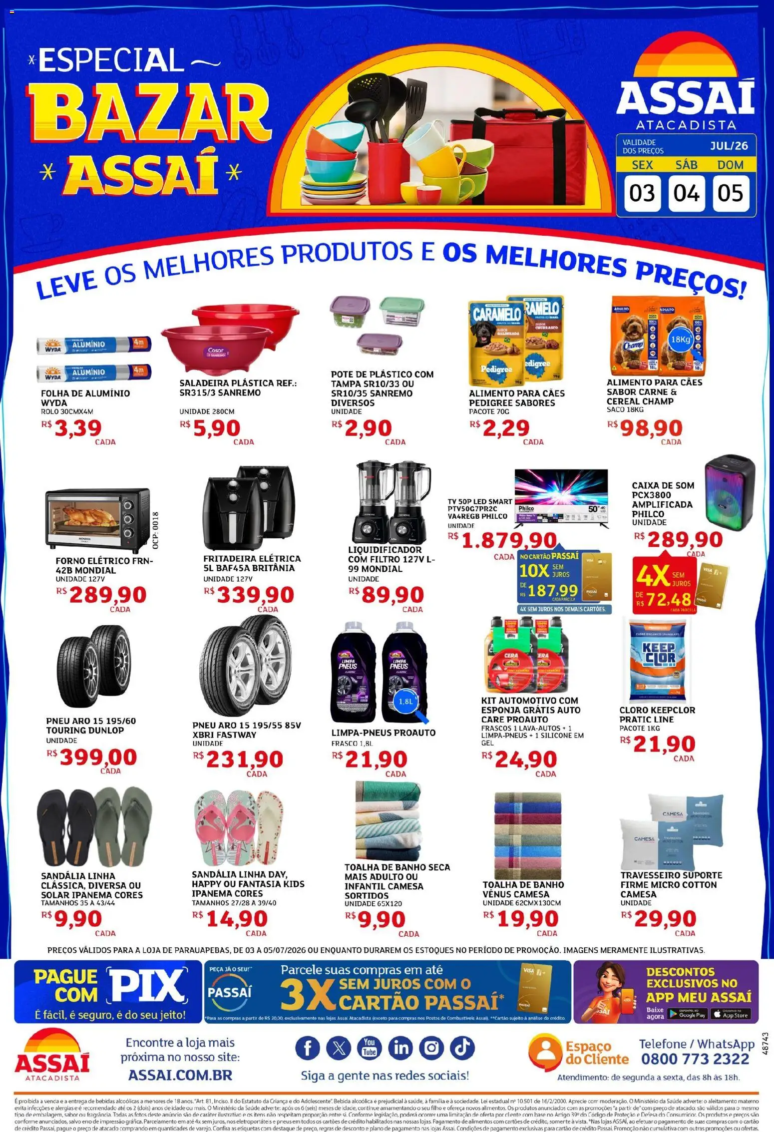 Assaí Atacadista Folheto - válido de 03/07/2026 | Página: 1 | Produtos: Cloro, Liquidificador, Pneus, Bebida