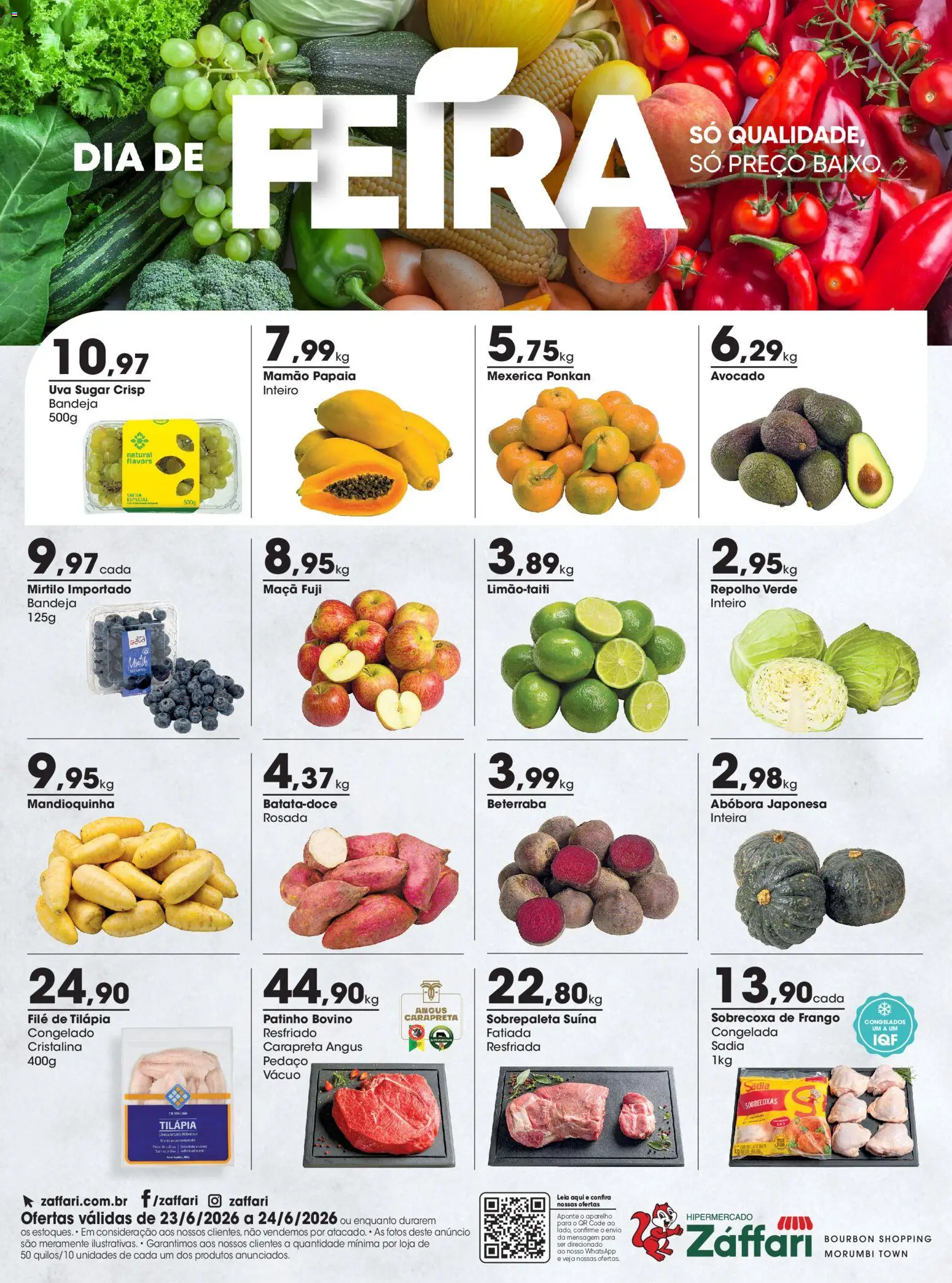 Zaffari Folheto - válido de 23/06/2026 | Página: 1 | Produtos: Repolho, Bandeja, Mamão, Filé de tilápia