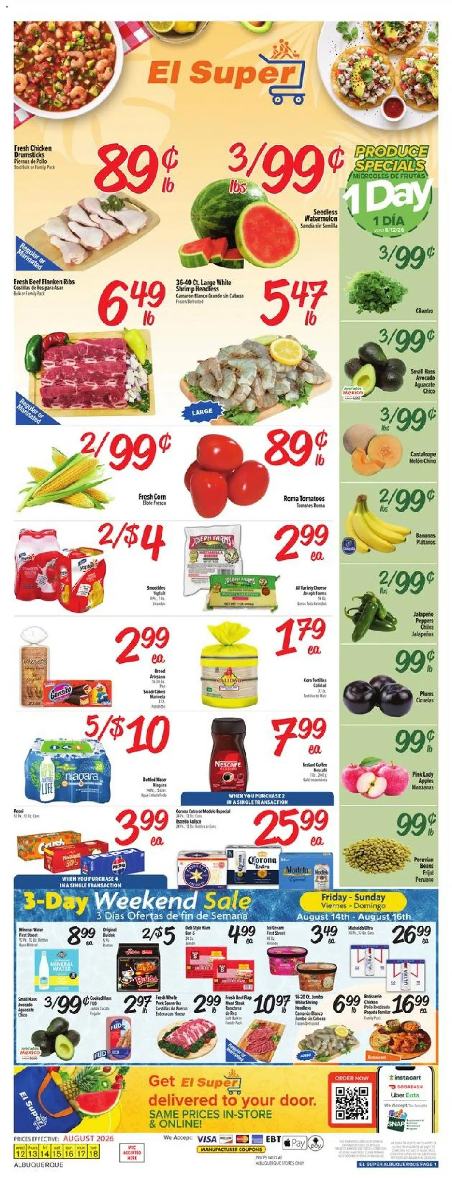 El Super Weekly Ad - NM - valid from 08/12/2026 | Page: 1 | Products: Chicken, Tomatoes, Bananas, Beans