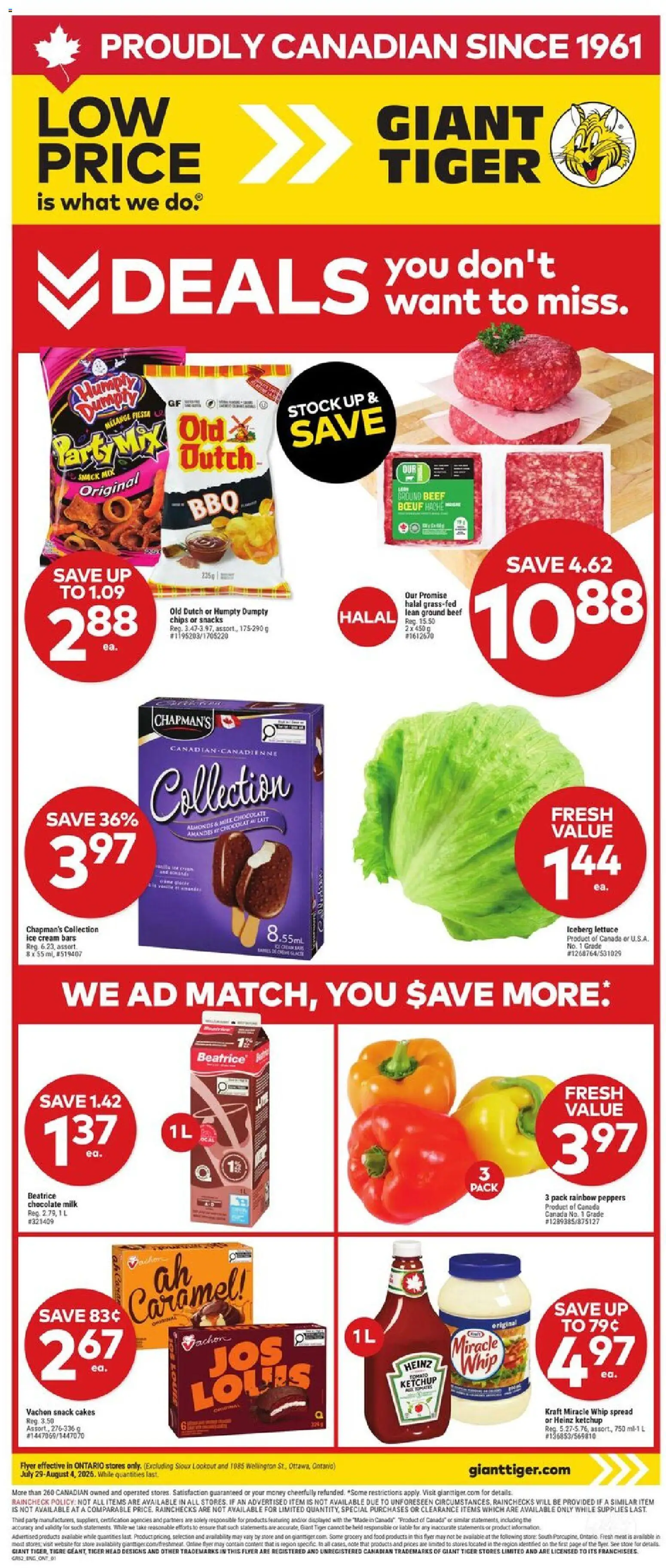 Giant Tiger flyer valid from Jul 29, 2026 | Page: 1 | Products: Beef, Ketchup, Cream, Chocolate