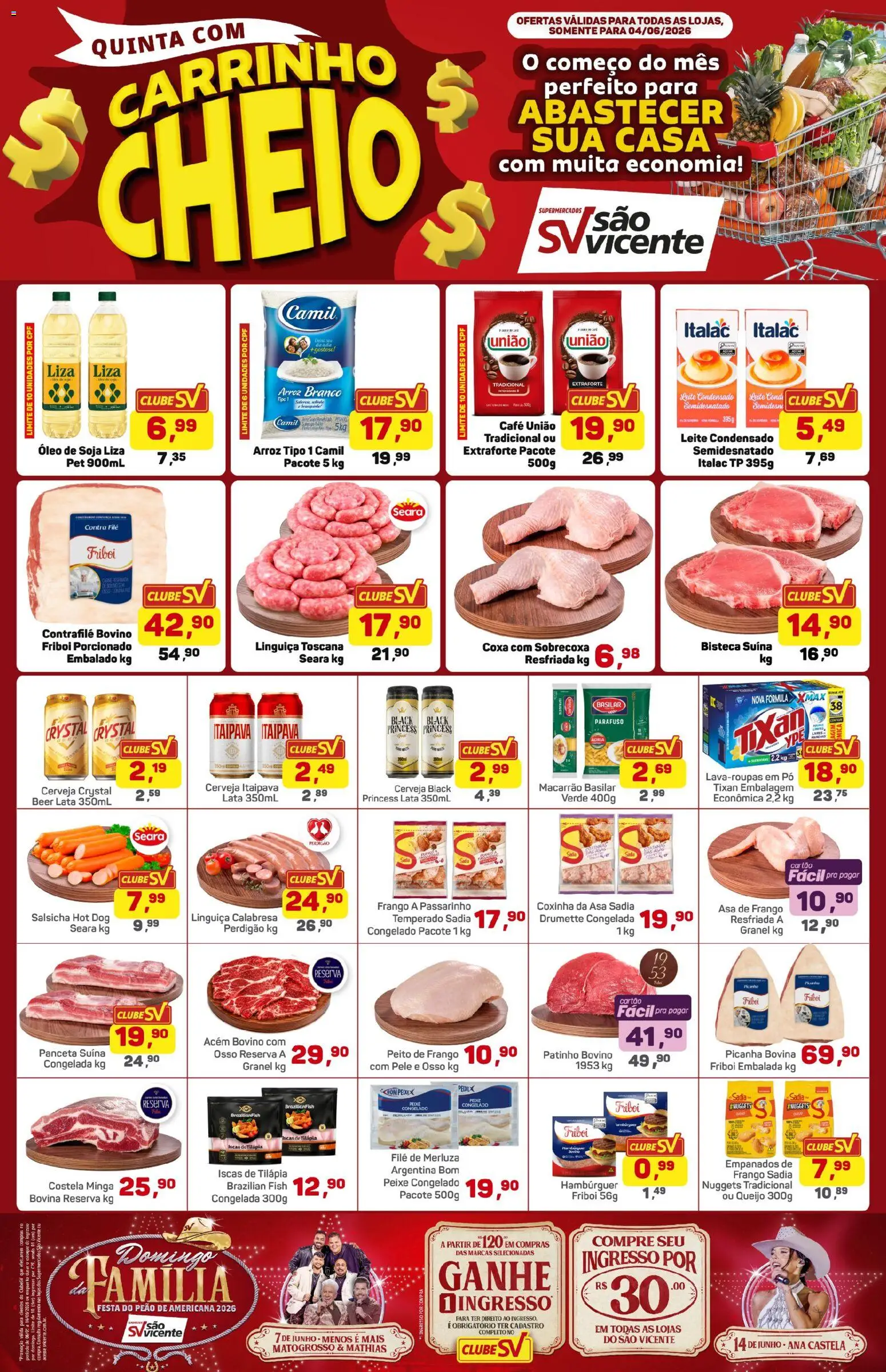 Supermercados São Vicente Folheto - válido de 04.06.2026 | Página: 1 | Produtos: Salsicha, Óleo, Arroz, Soja