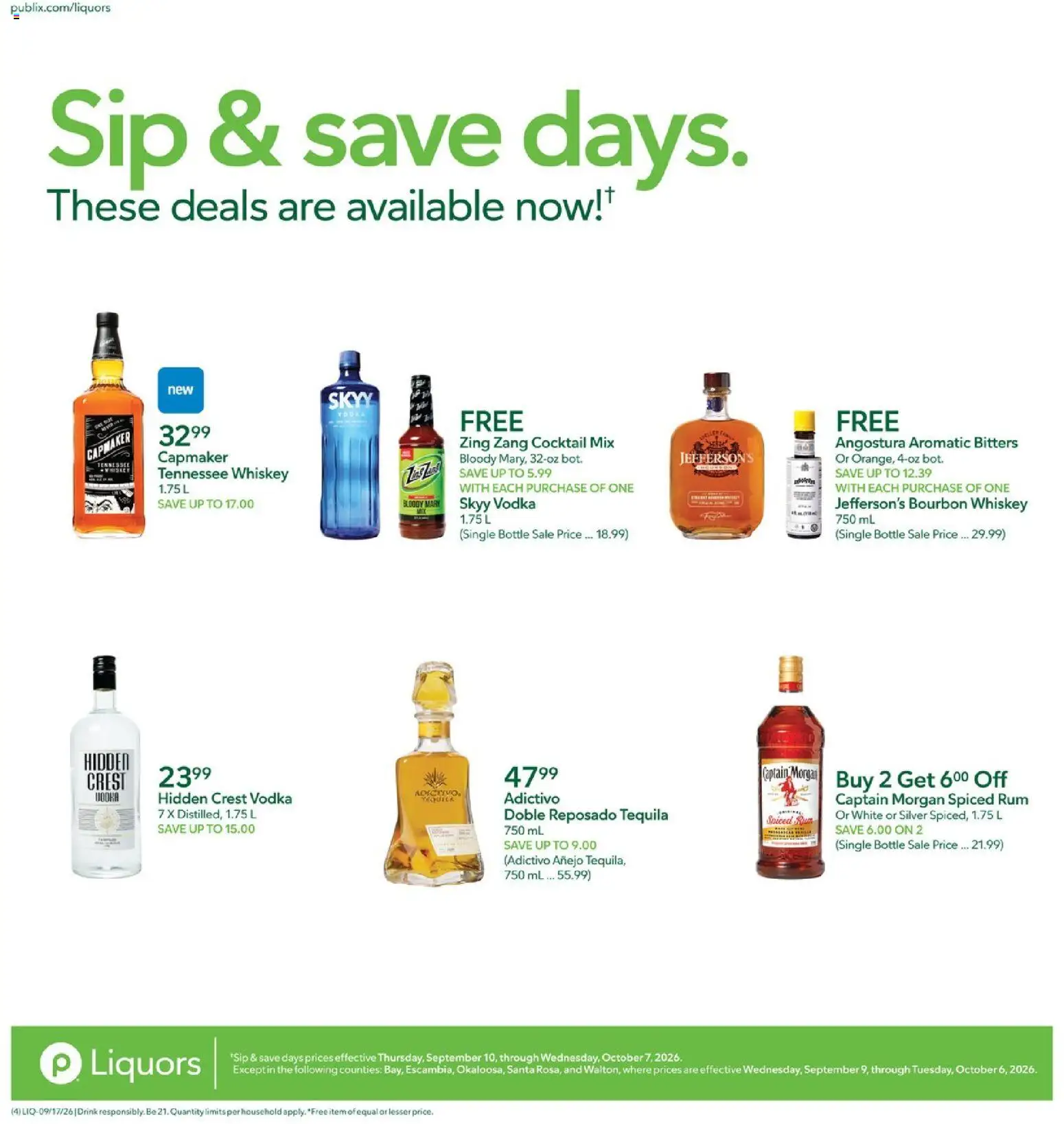 Publix Liquor Ad - valid from 09/17/2026 | Page: 4 | Products: Tequila, Vodka, Whiskey, Rum