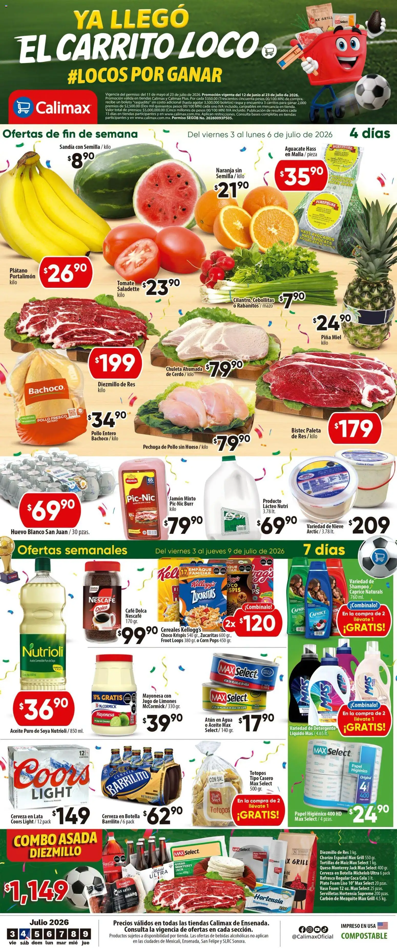 Nuevas ofertas de Calimax válidas en toda la República Mexicana desde el 03/07/2026. ¡Encuentra las mejores ofertas en Calimax folleto Ensenada! | Página: 1 | Productos: Atún, Queso, Piña, Cereales
