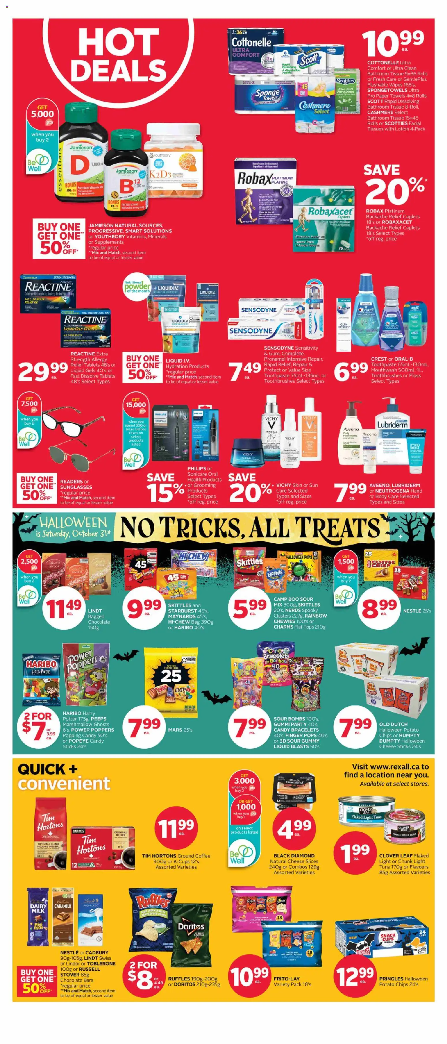 Rexall flyer valid from Oct 2, 2026 | Page: 5 | Products: Tuna, Towels, Milk, Chocolate