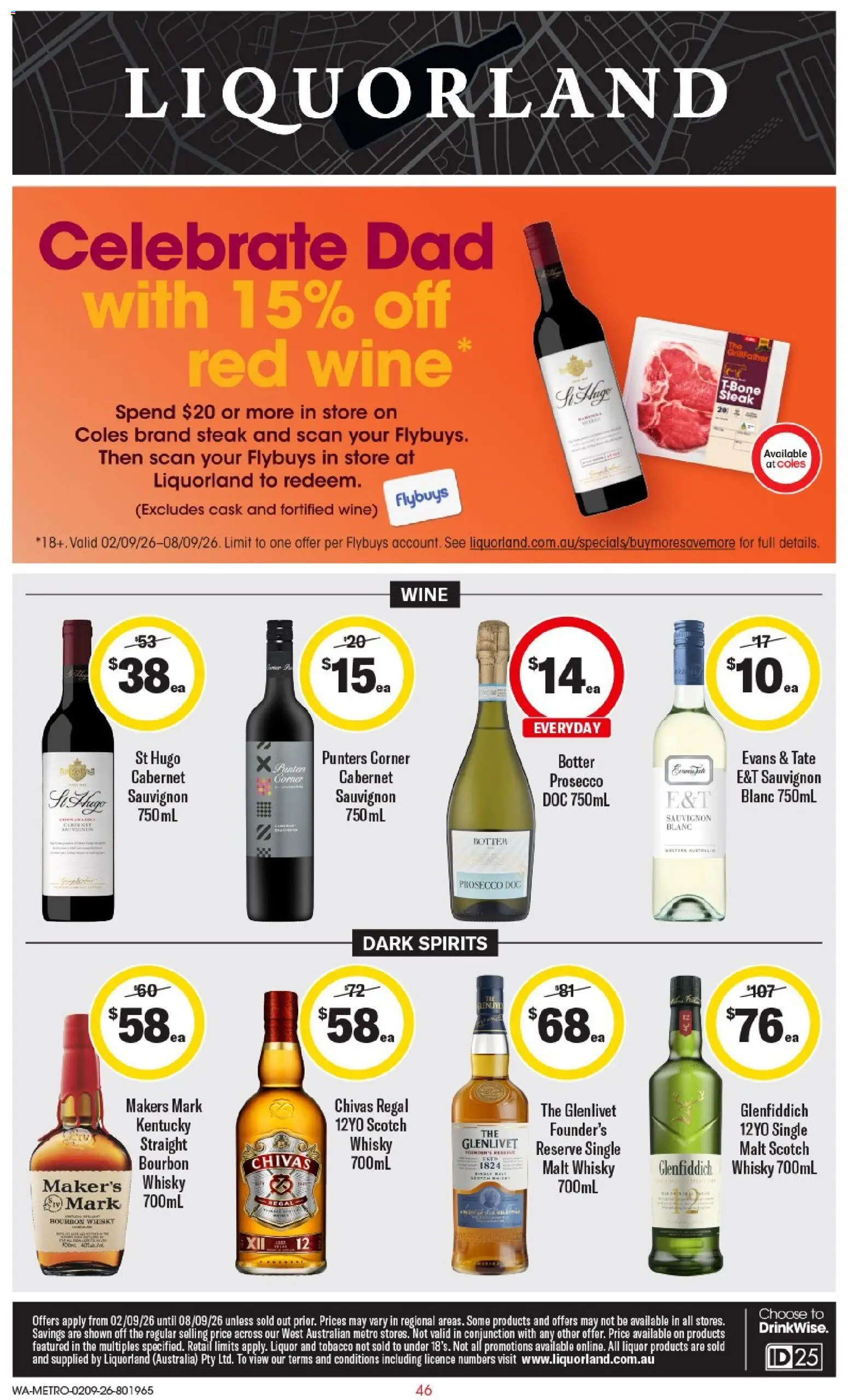 Coles catalogue - valid from 02/09/2026 | Page: 47 | Products: Glenfiddich whisky, Prosecco, Steak, Red wine