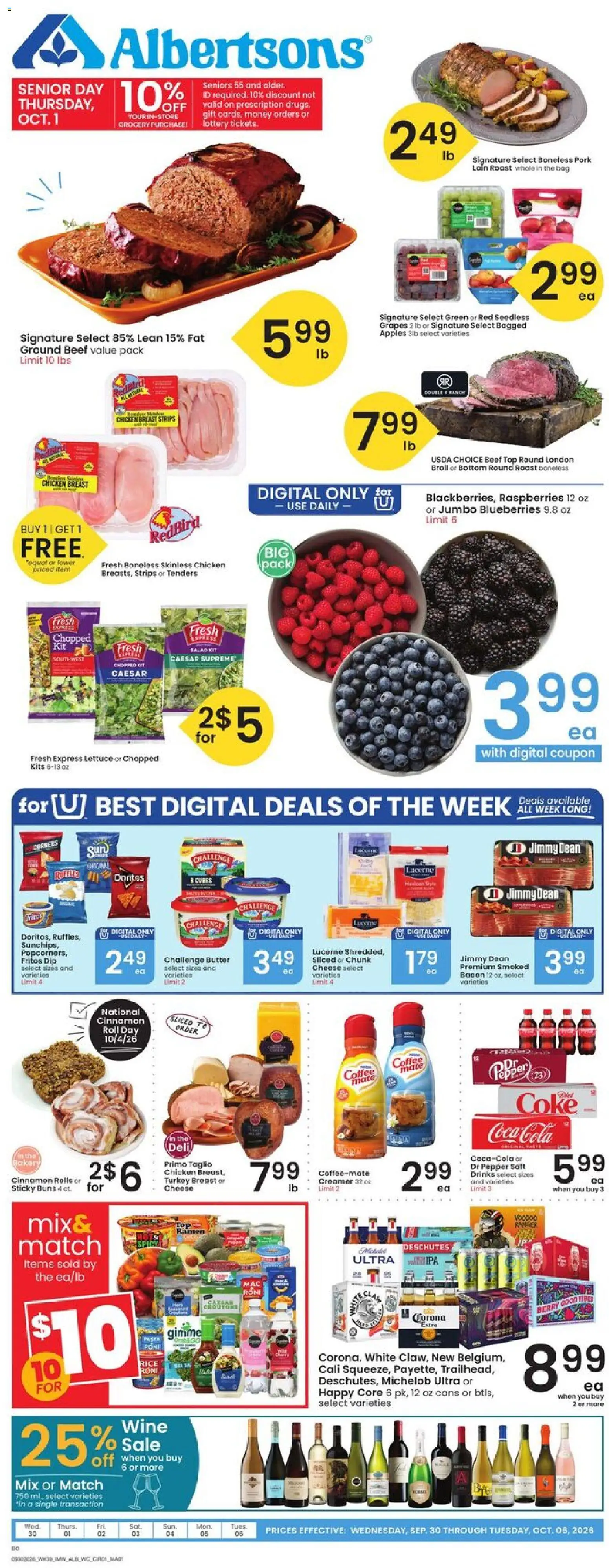 Albertsons Weekly Ad - valid from 09/30/2026 | Page: 1 | Products: Pork loin, Cheese, Coffee, Wine