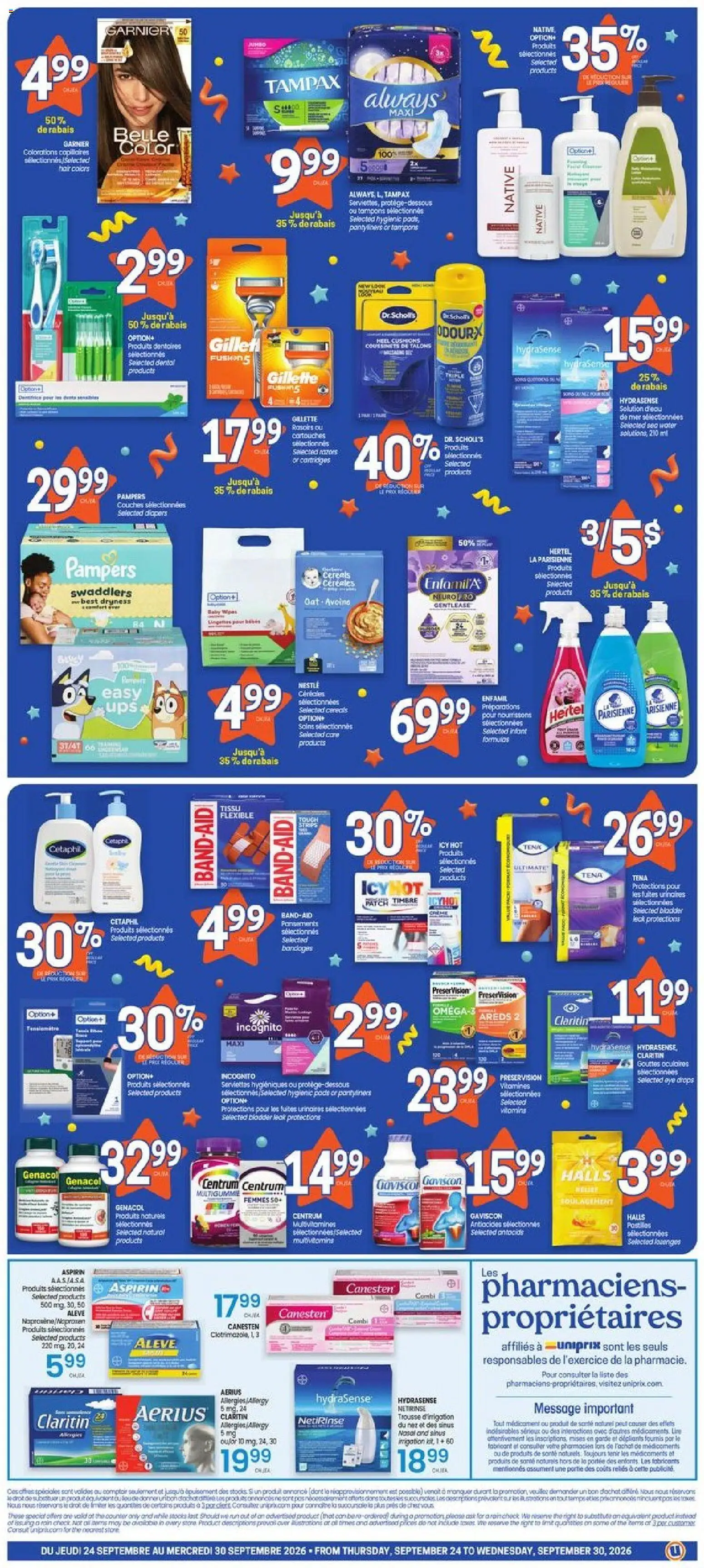 Uniprix flyer valid from Sep 24, 2026 | Page: 2 | Products: Cereals, Lime, Water, Diapers