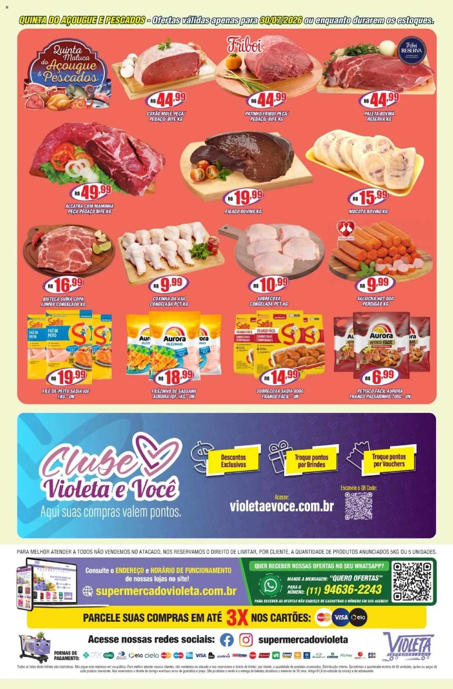 Violeta Supermercados Folheto - válido de 28/07/2026 | Página: 4 | Produtos: Salsicha, Alcatra, Filé de frango, Copa