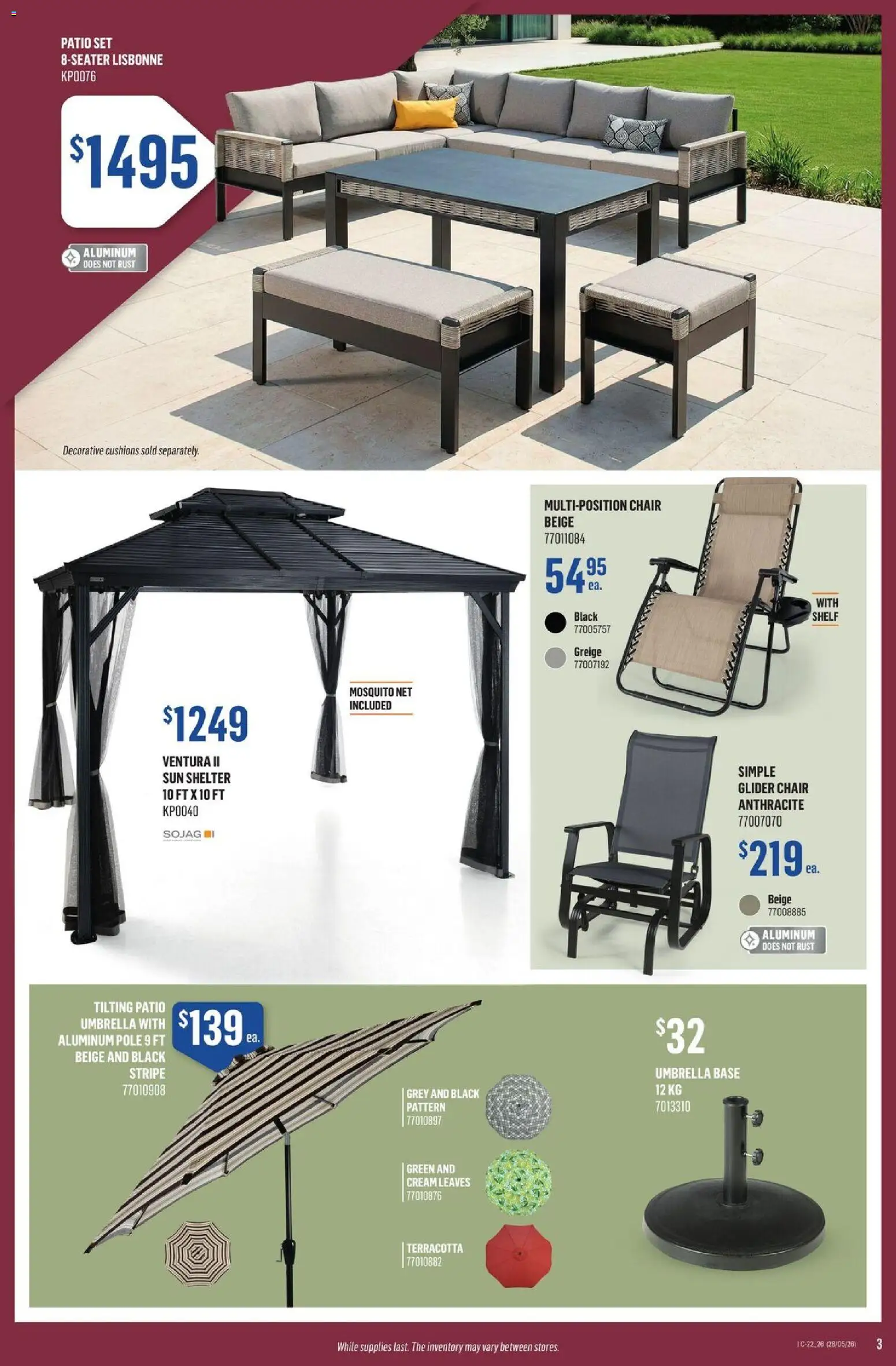 Canac flyer valid from 28.05.2026 | Page: 3 | Products: Cream, Umbrella, Shelf, Chair