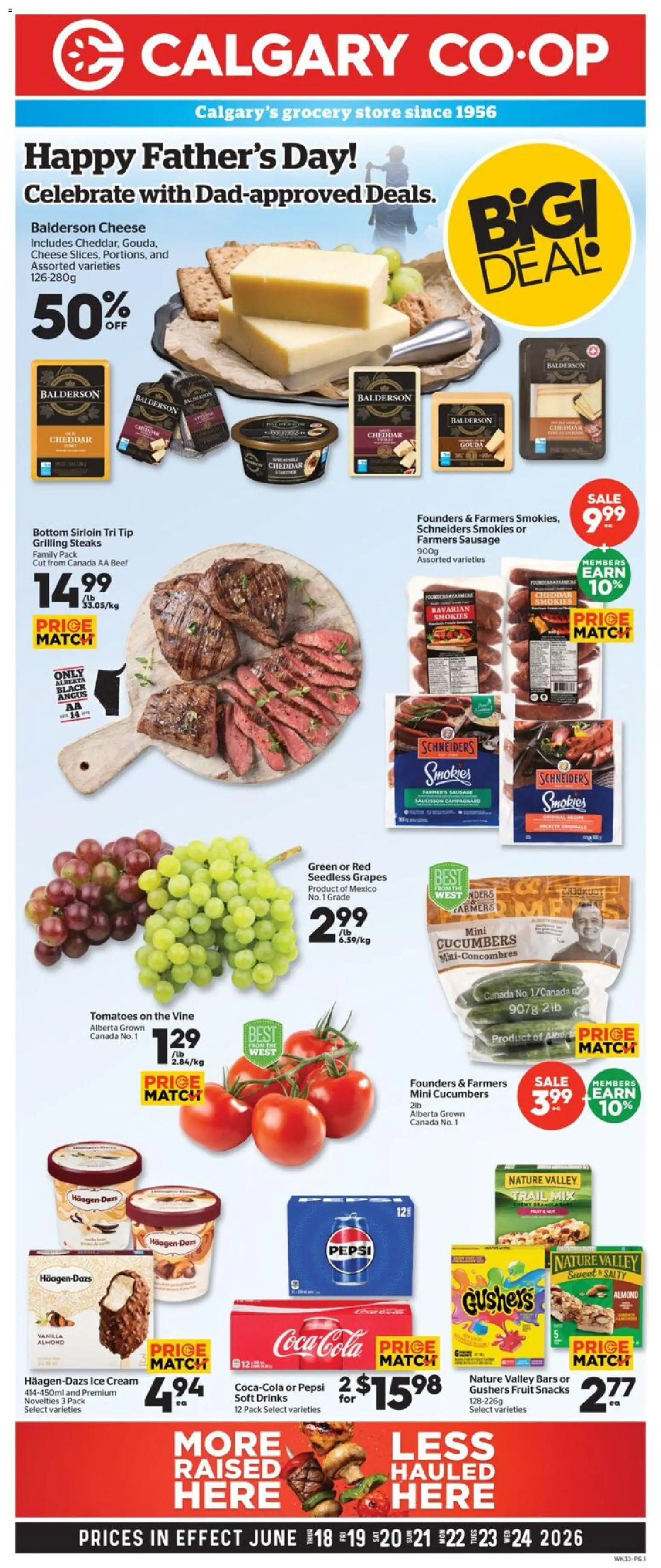 Calgary Co-op flyer valid from 18.06.2026 | Page: 1 | Products: Cream, Cucumbers, Cheese, Tomatoes