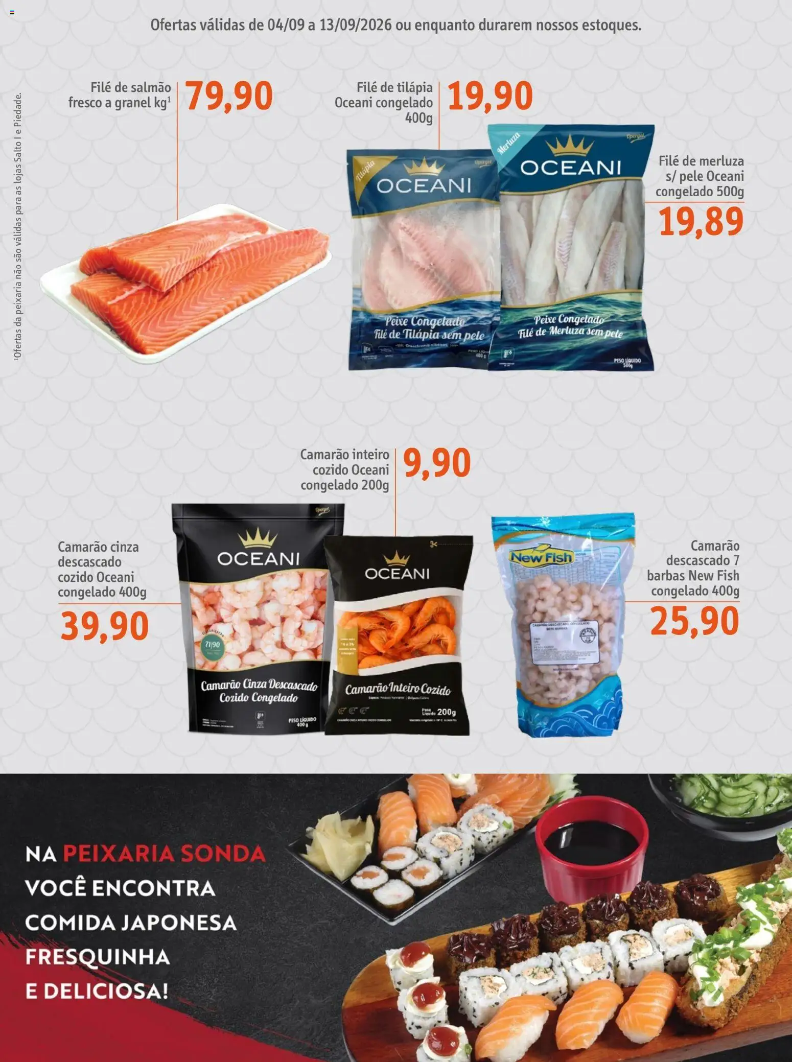 Sonda Folheto - válido de 04/09/2026 | Página: 2 | Produtos: Filé de salmão, Camarão, Tilápia, Filé de tilápia