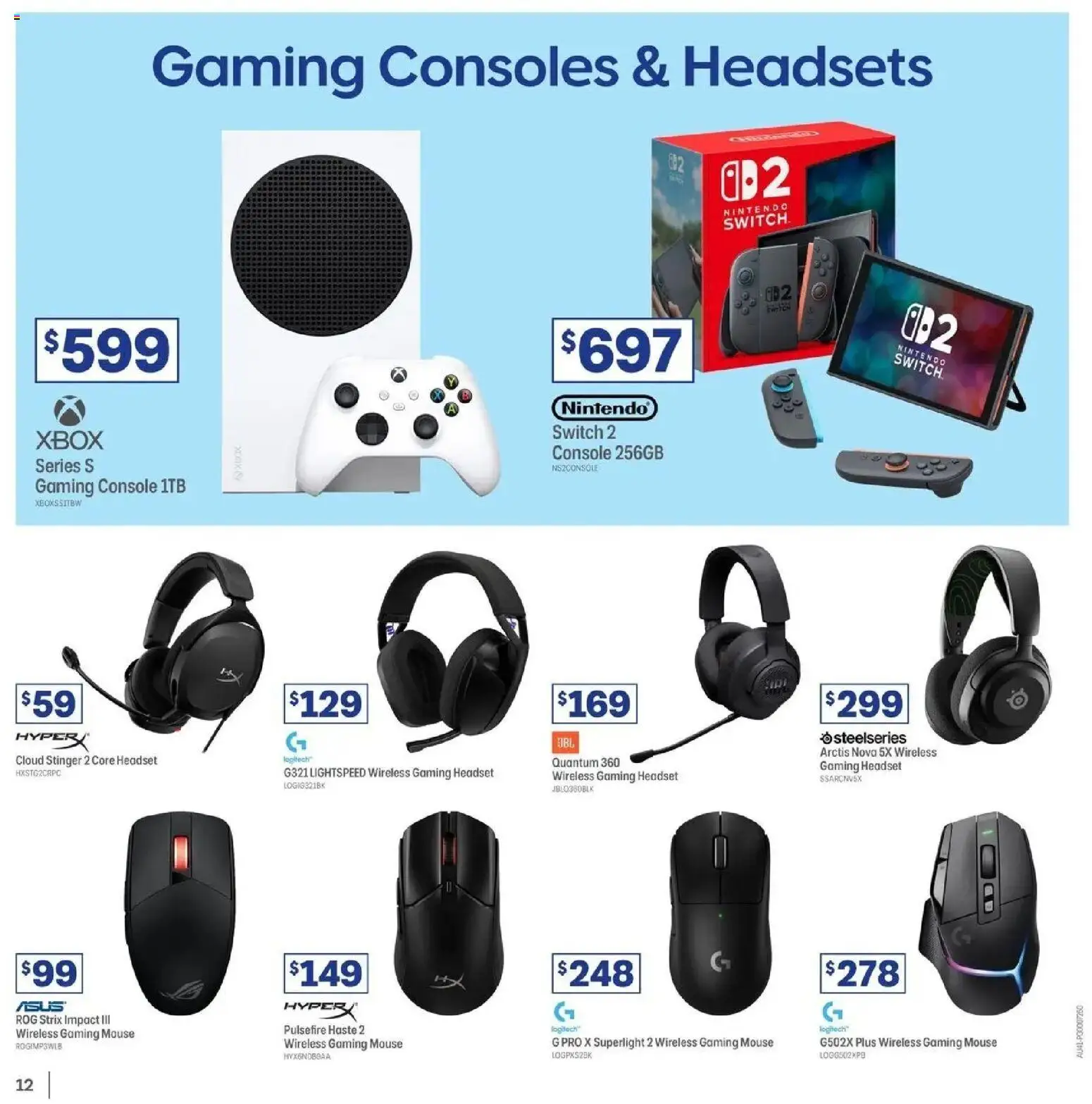 Officeworks catalogue - valid from 12/07/2026 | Page: 12 | Products: Mouse, Headset, Gaming console, Xbox