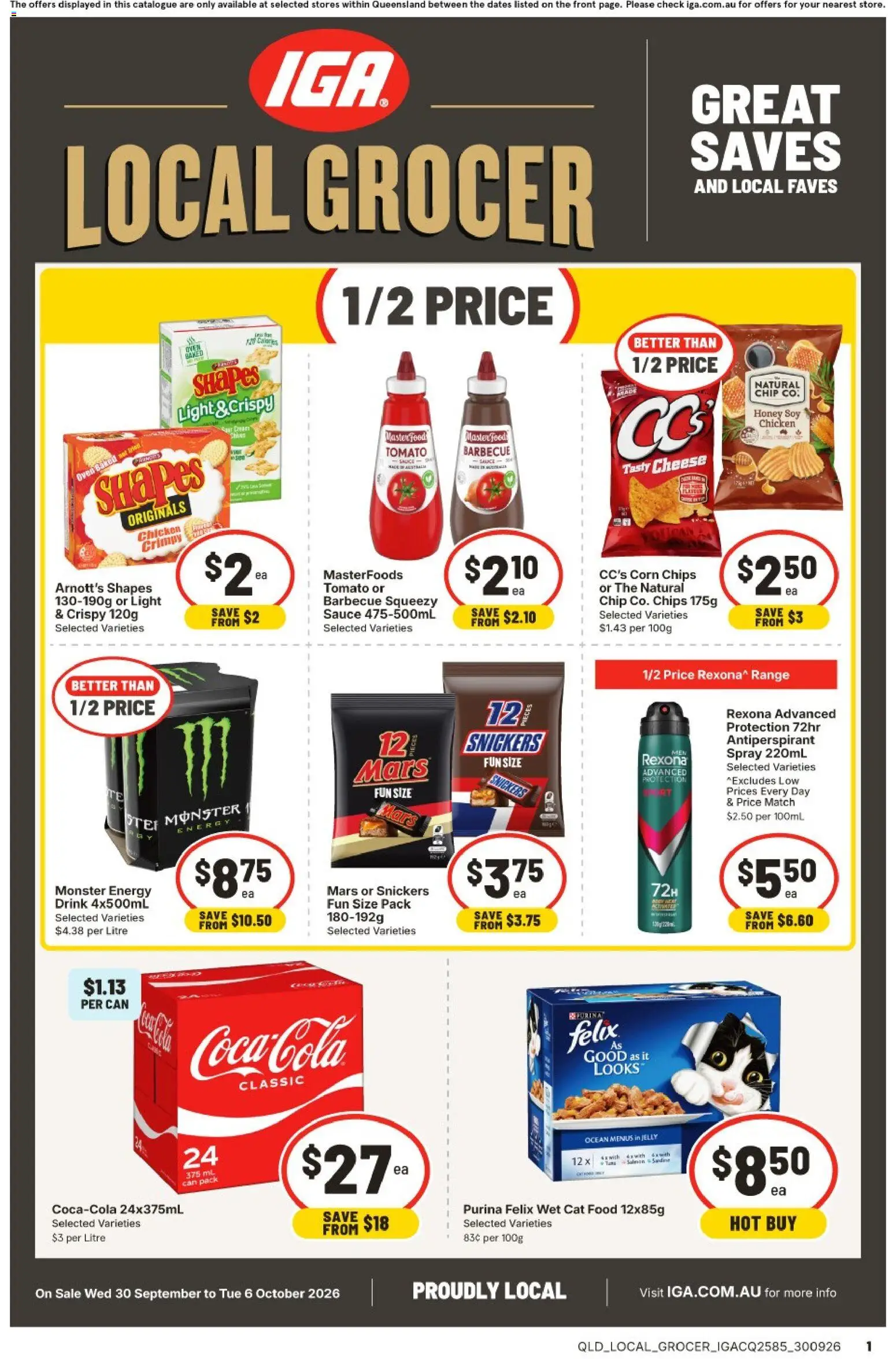 IGA catalogue - valid from 30/09/2026 | Page: 1 | Products: Corn, Sauce, Snickers, Tomato