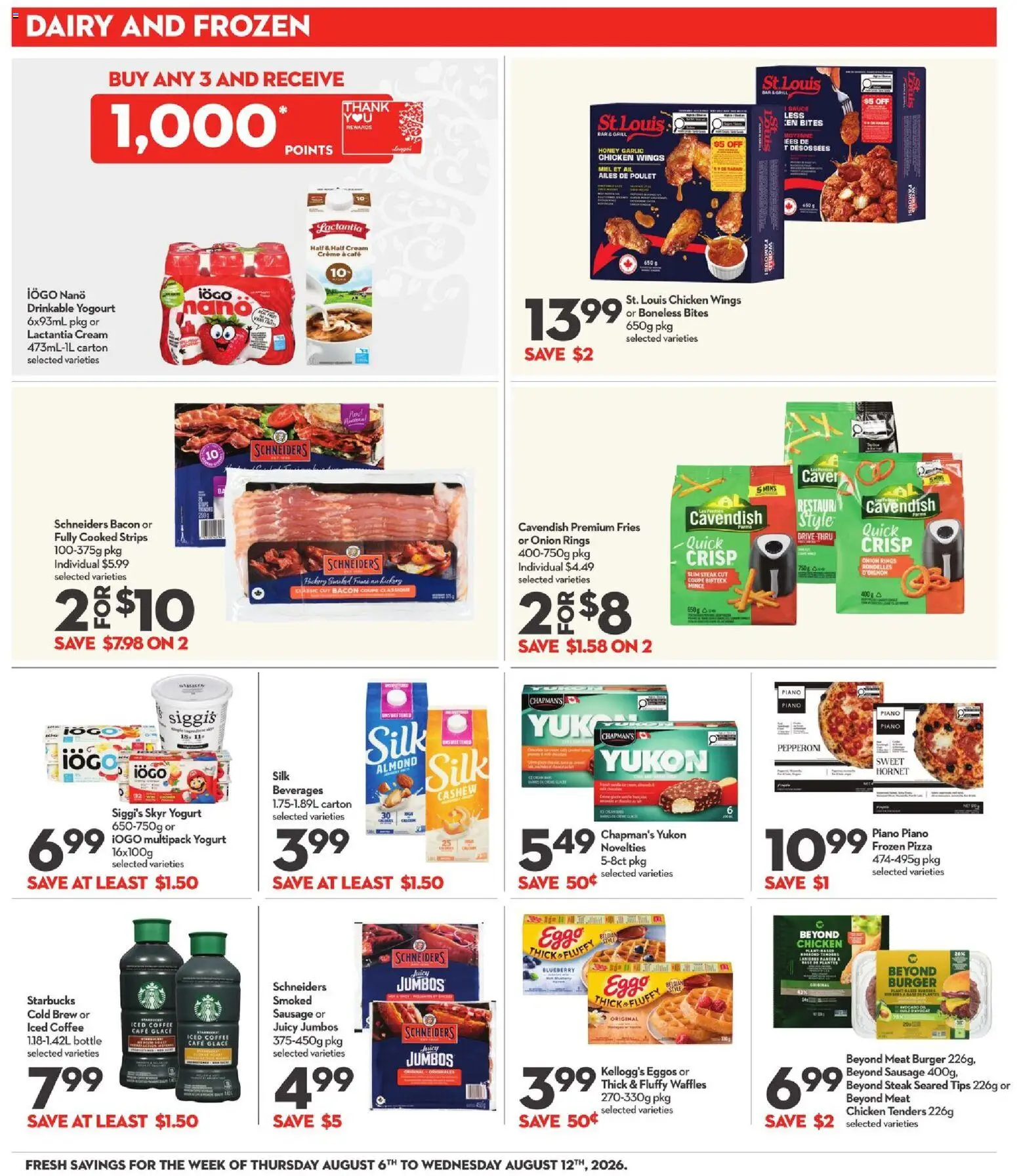 Longo's flyer valid from Aug 6, 2026 | Page: 13 | Products: Cream, Chicken wings, Coffee, Pizza